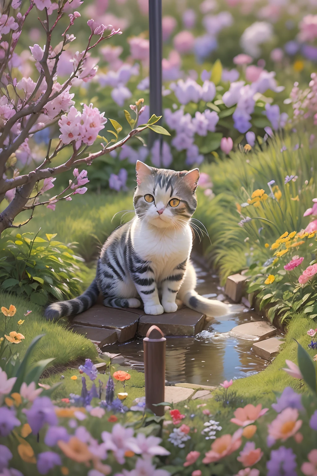 Scottish Fold cat, garden , spring foutain.