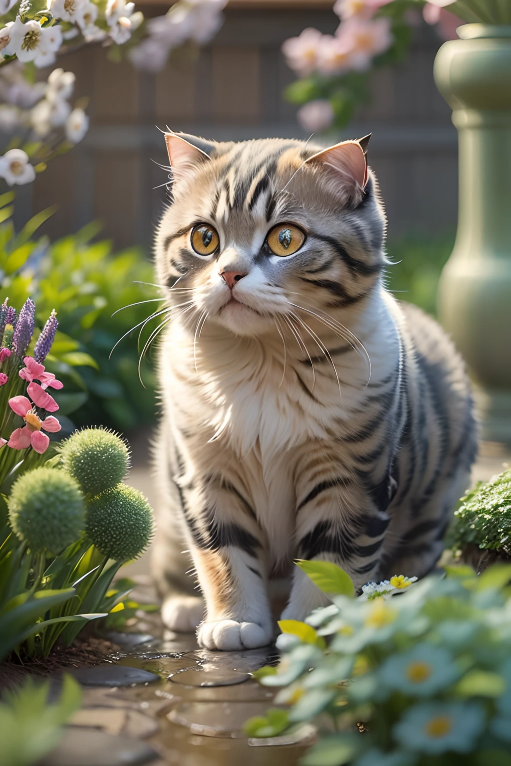 Scottish Fold cat, garden , spring foutain.