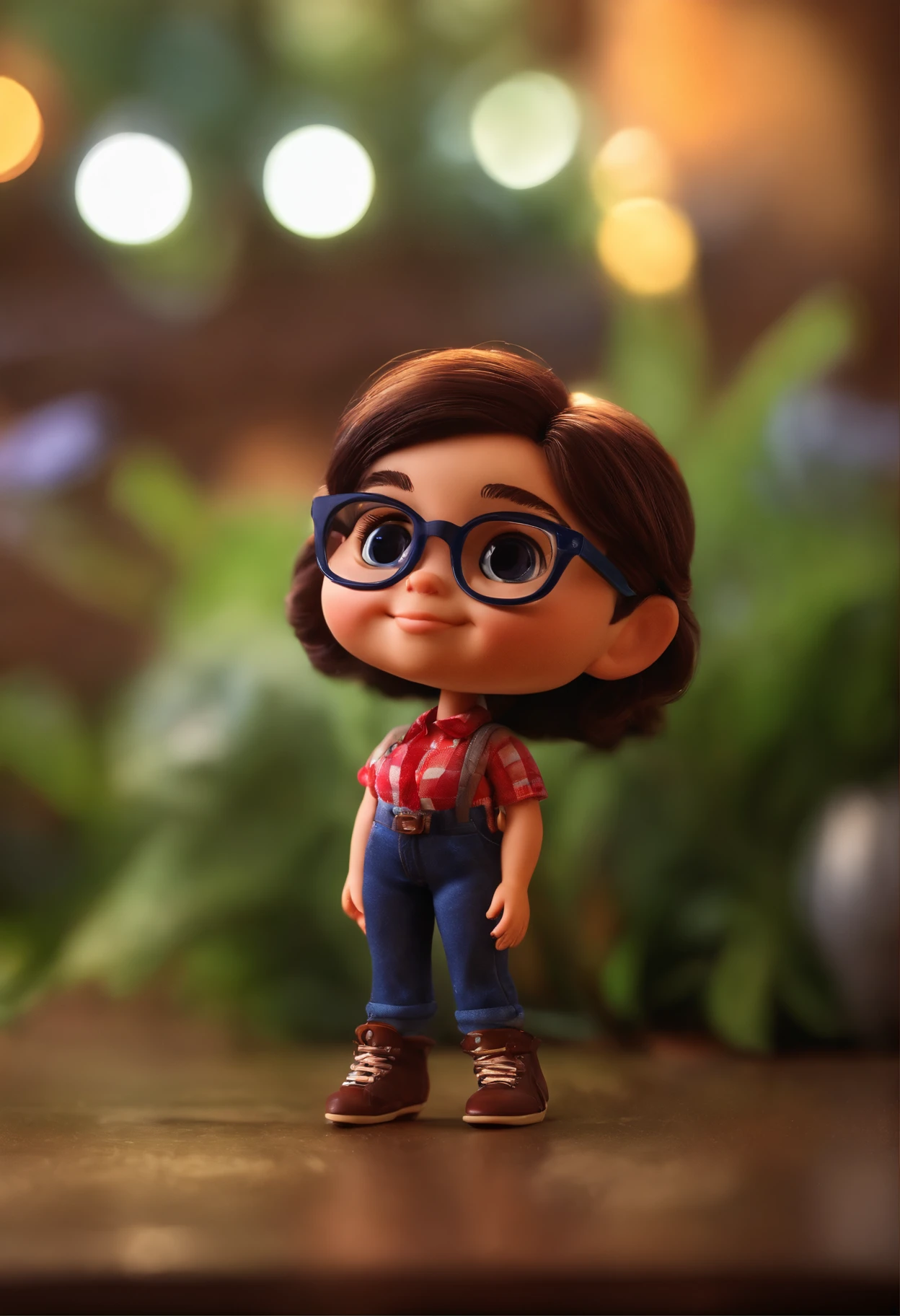 Chibi, Menina gordinha, pele morena, cabelo curto vermelho, eyeglass, gordinha (Estilo Pixar) (master part:1.2) (Bokeh) (best quality) (pele motena detalhada) (textura detalhada) (8k) (morena) (Cinematic lighting) (foco nítido) (fundo liso)