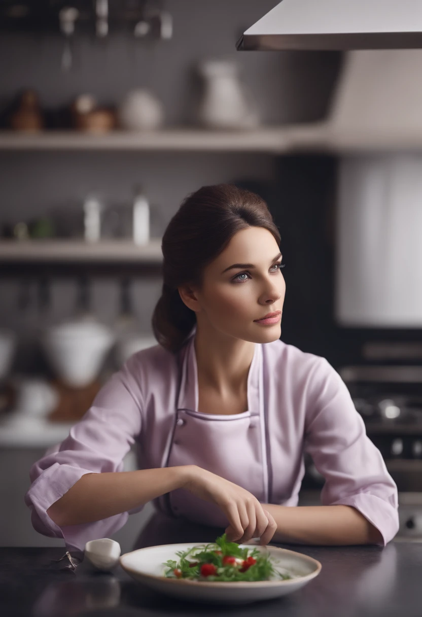 Mind control , (chef d'oeuvre, ultra quality, high resolucion, 8k, complexe : 1.2), (face detailed:1.2), bellr, Jeune femme ,peau brune, Double eyelids, bonnet de cuisine sur la tete, robe violet, tablier de cuisine sur la robe, ((Realstic)), , Good lighting quality, cheveux droits, ((pale skinned)), (baver:1.2), vue droit, visage de convoitise, (regarder en face