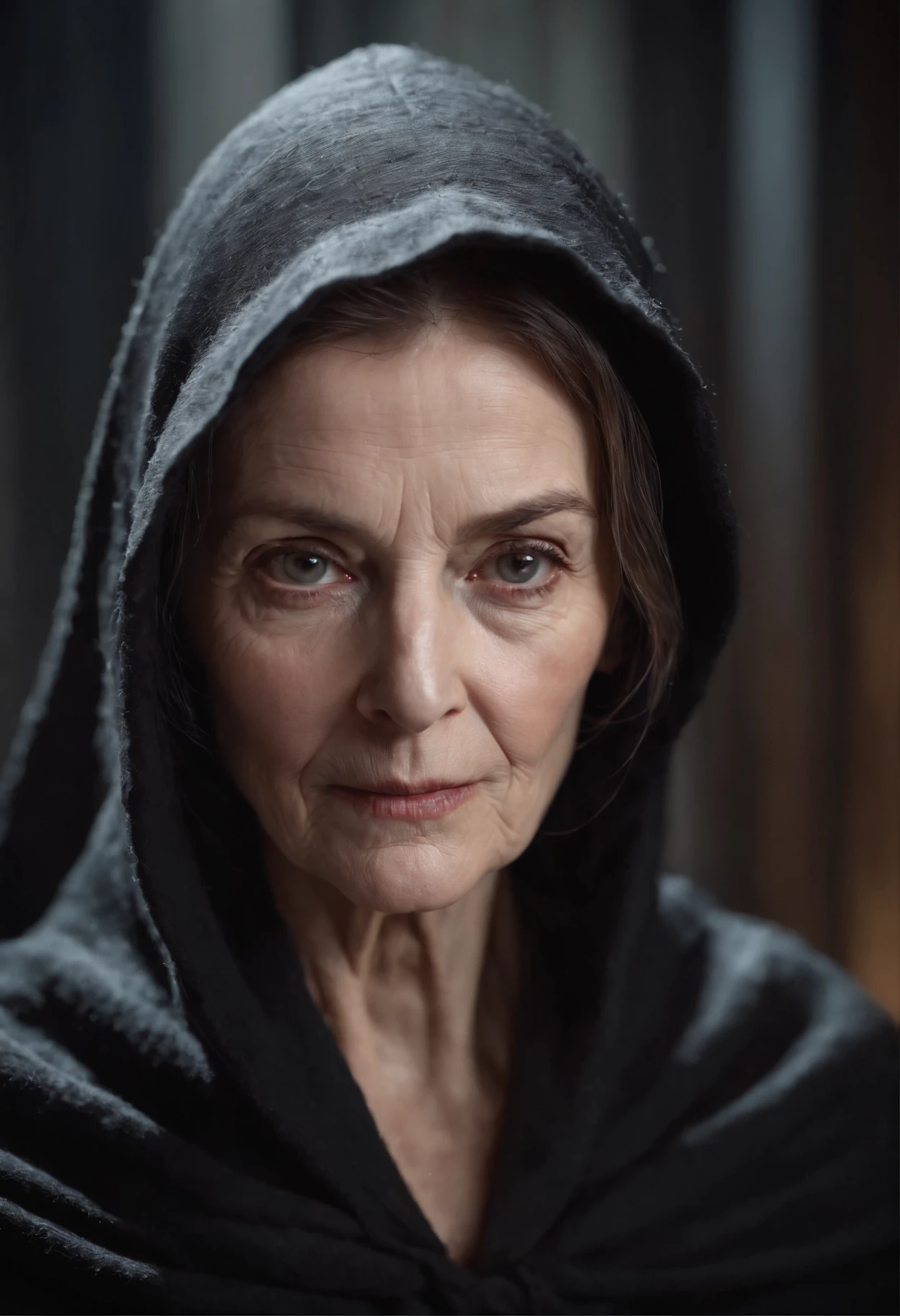 (highres,realistic:1.2),elderly sinister lady,thin face,dark gaze,hooded cloak,black background,sharp focus,detailed wrinkles,expressive eyes,hint of mystery,vivid colors,dramatic lighting