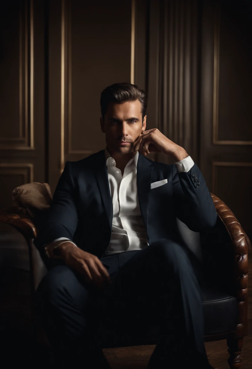 A professional photographic image of A handsome business man sitting comfortably in the armchair, wearing a sophisticated dark suit, looking directly at the camera, highlighting his expressive face and his elegance, highly detailed, elegant, DSLR,