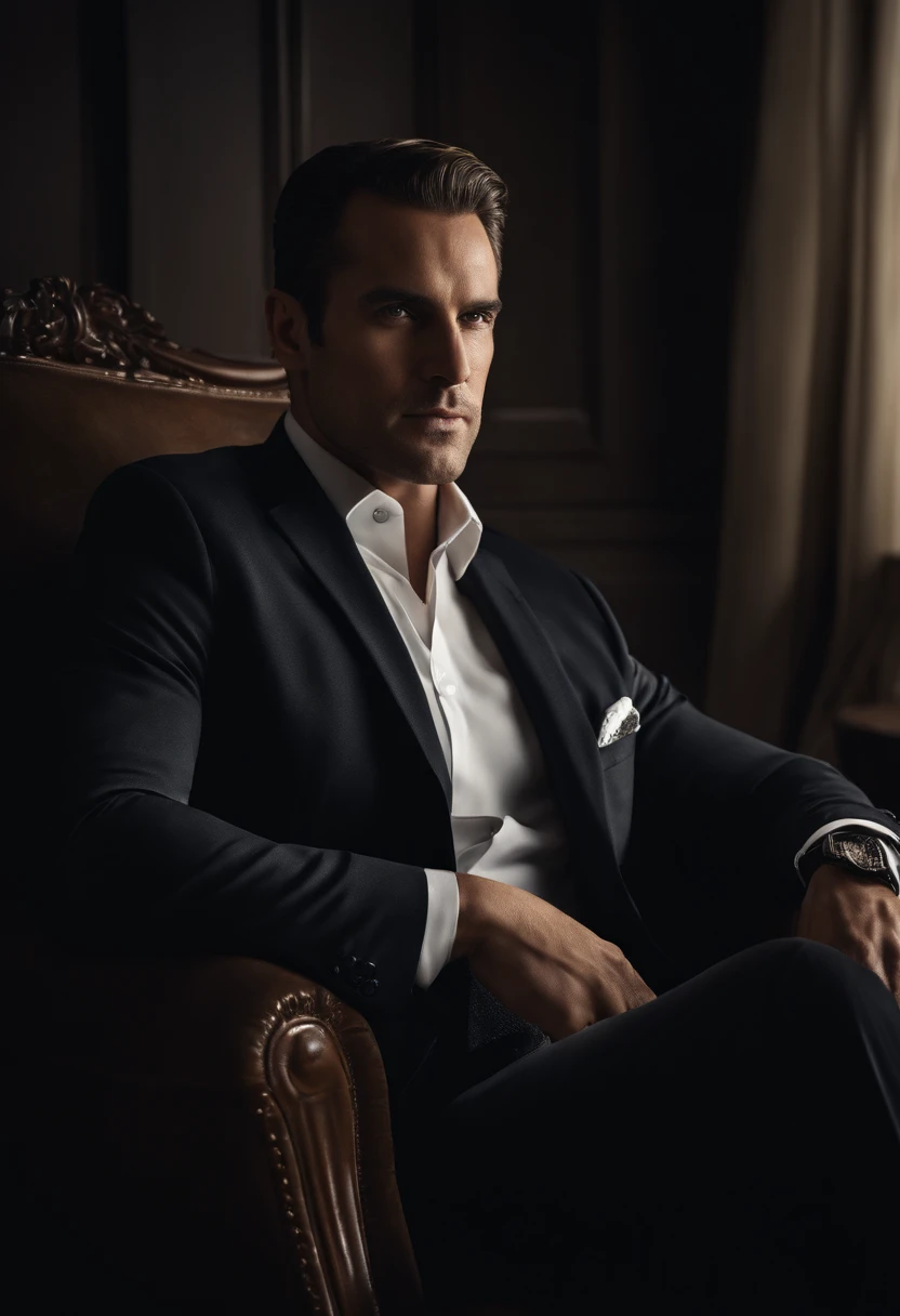 A professional photographic image of A handsome business man sitting comfortably in the armchair, wearing a sophisticated dark suit, looking directly at the camera, highlighting his expressive face and his elegance, highly detailed, elegant, DSLR,