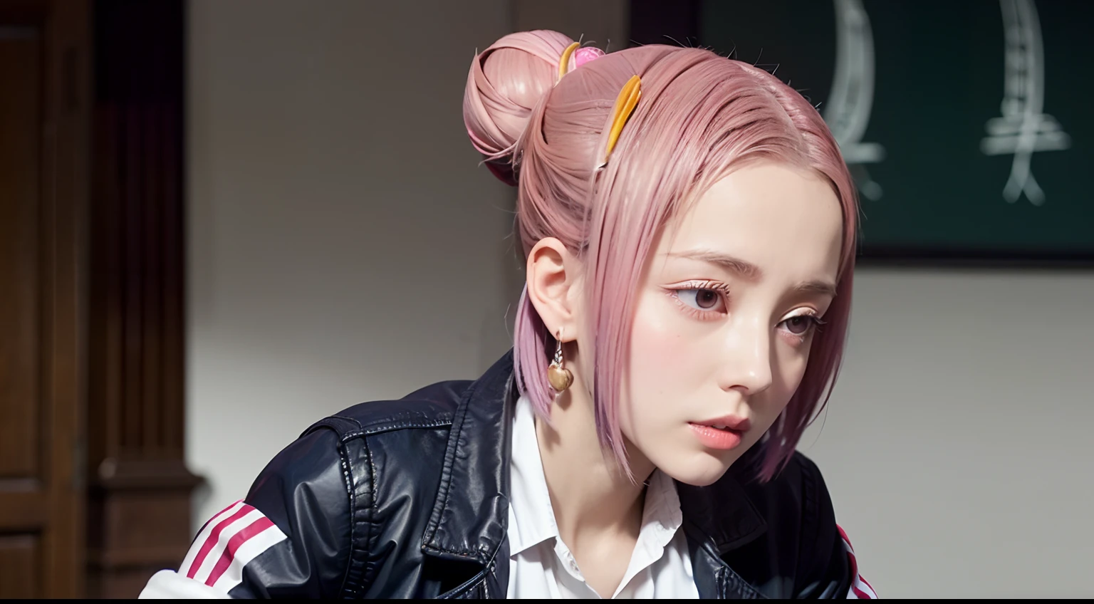 Koyasu Tsubame (Kaguya-sama), pink hair, pink eyes, short hair, multicolored hair, single hair bun, black bow, earrings, white shirt, ((blue jacket))