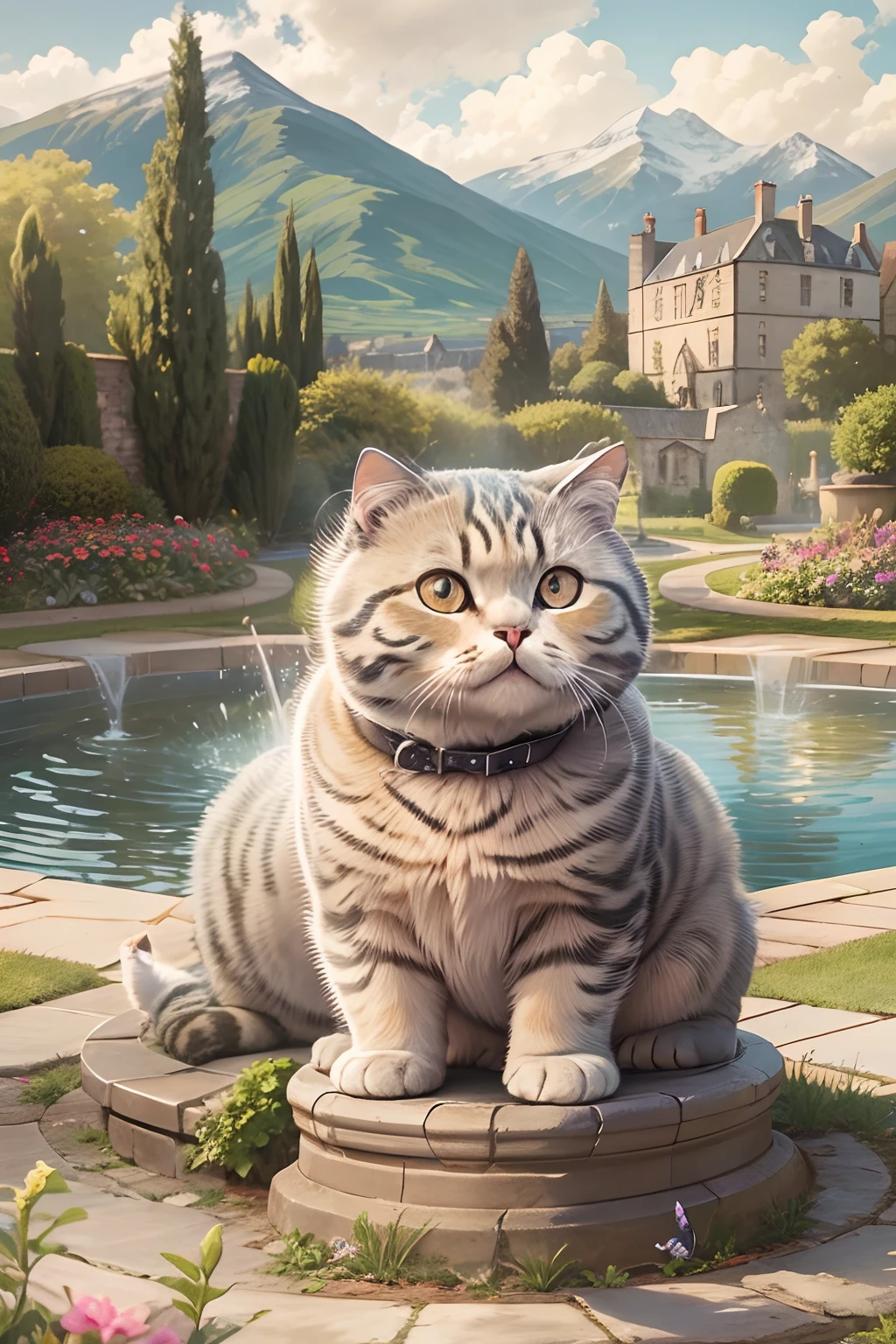 Scottish fold cat in the garden with fountain and distant houses and mountains in the background.