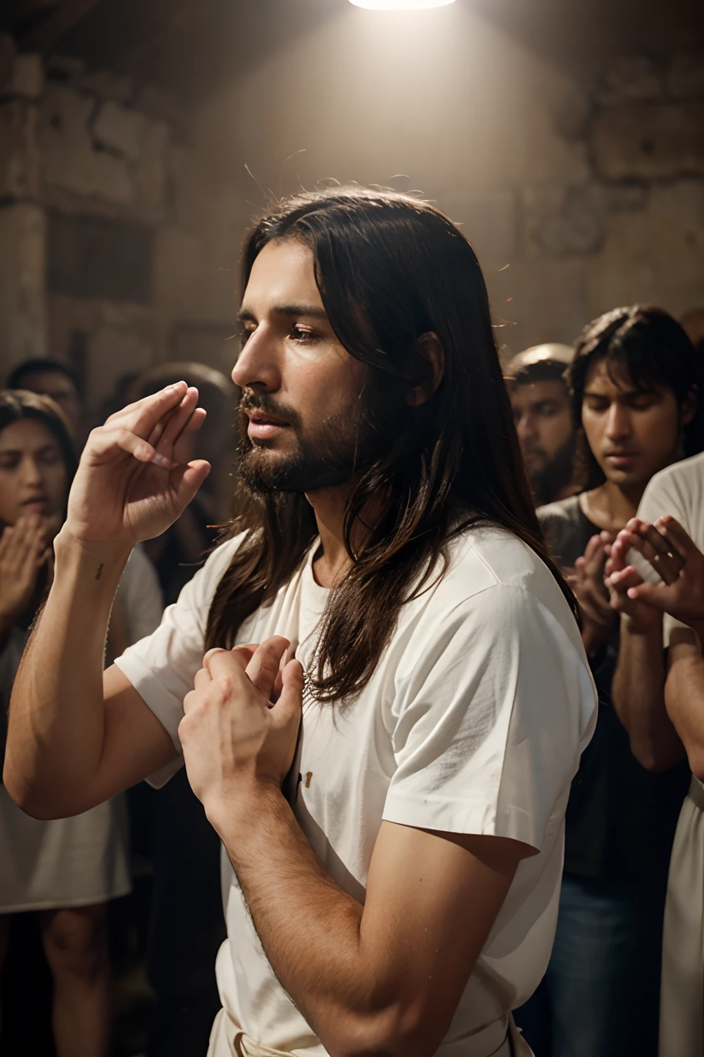 Gere uma imagem de tamanho 9 por 16, ultra realistic of Jesus praying to a crowd