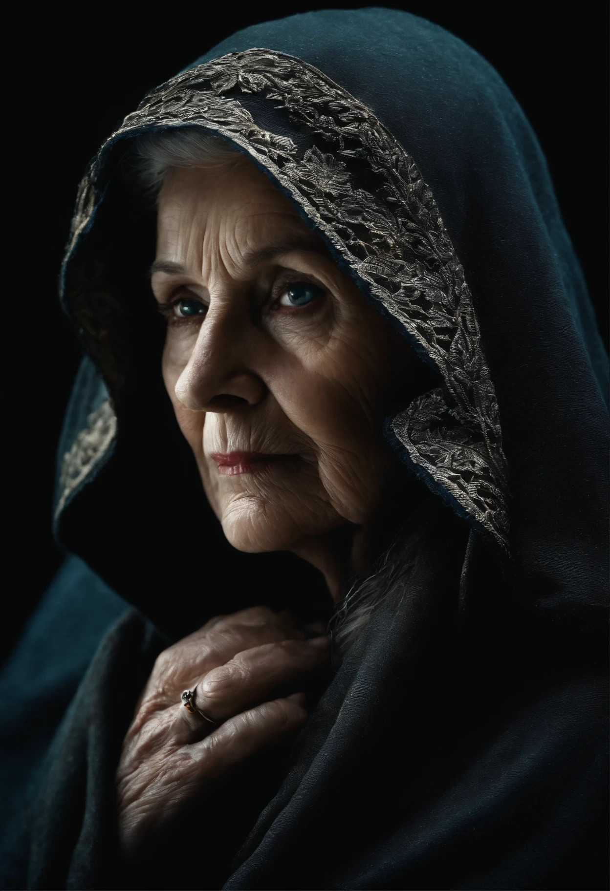 (highres,realistic:1.2),elderly sinister lady, half body portrait, thin face,dark gaze,hooded cloak,black background,sharp focus,detailed wrinkles,expressive eyes,hint of mystery,vivid colors,dramatic lighting