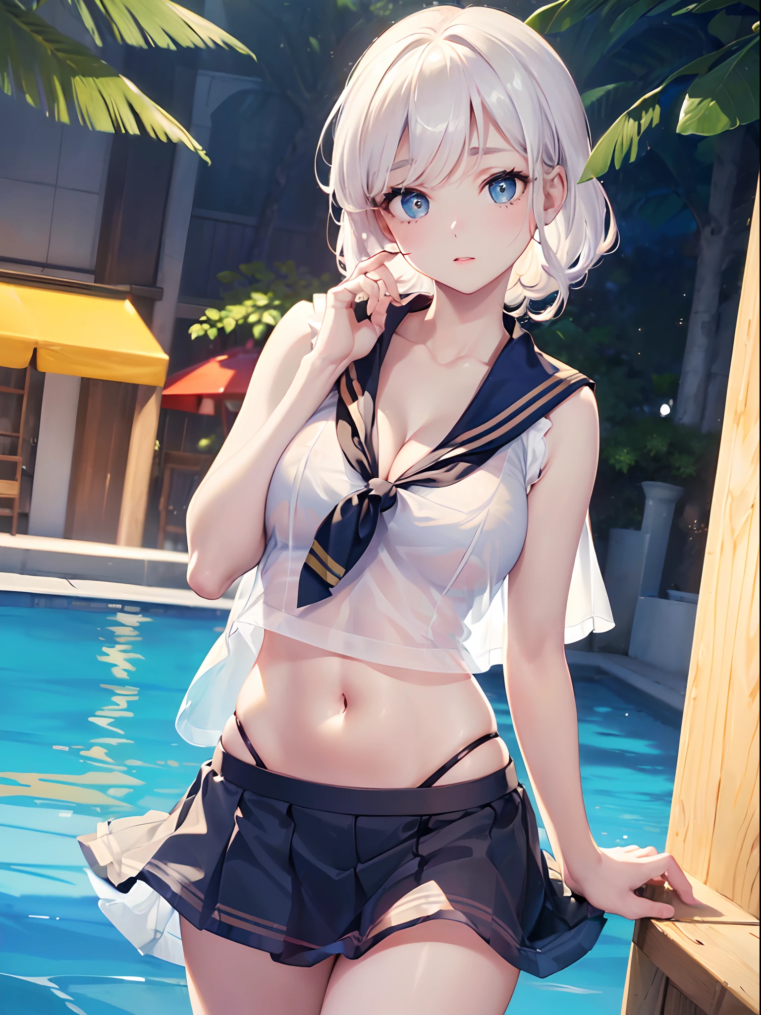 ((masterpiece, best quality, highres, UHD, perfect pixel, depth of field, 4k, RTX, HDR))), 1girl, single, solo, (((cleavage))), beautiful girl, beautiful artstyle, ((Detailed beautiful eyes, beautiful eyelashes, realistic eyes)), ((detailed face)), ((smooth texture, realistic texture, photorealistic)), (((large breasts))), small ass, perfect body, ((cowboy shot)), ((( white sheer sailor shirt, Sleeveless, Open front))), (((Navel ))), (((Sheer Micro Mini Skirt))), poolside, Perfect Eyes Eyes