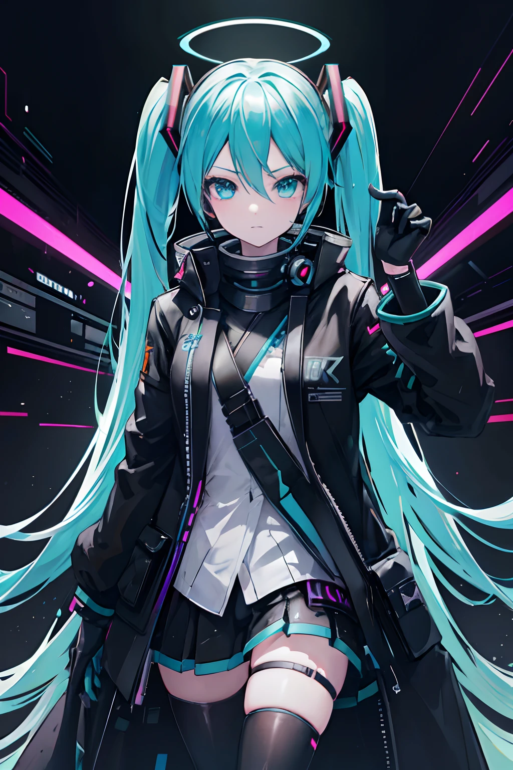 Hatsune Miku hacker, Watch Dogs, Cyberpunk 2077, ((Black Overcoat))