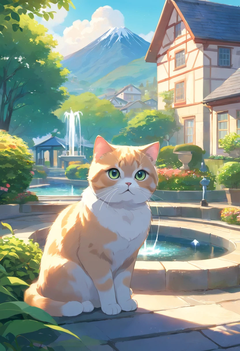 Scottish fold cat in the garden with fountain and distant houses and mountains in the background.