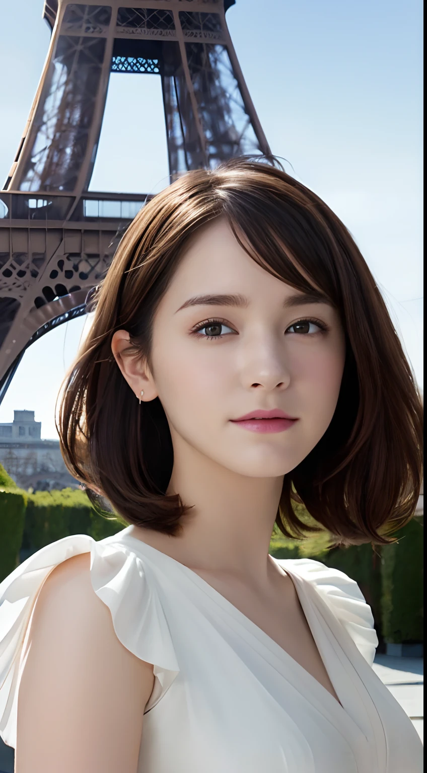 (A hyper-realistic), (hight resolution), (8K), (ighly detailed),  (beatiful detailed eyes), (top-quality), (ultra-detailliert), (​masterpiece), (A detailed face), softfocus、face of emma watson、Colossal tits、japanes、In front of the Eiffel Tower in France、Elegant Hermès clothes、A smile、