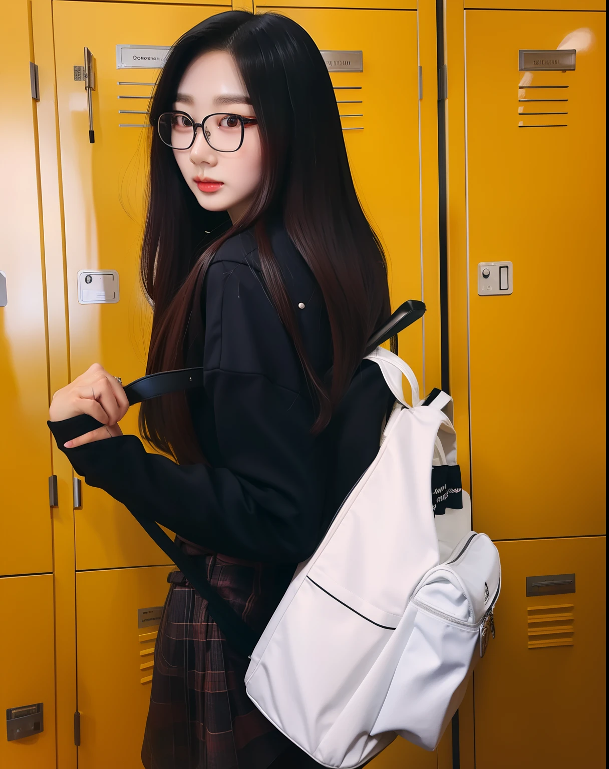 Woman with glasses and backpack standing in front of lockers, Ulzzang, estudante, com uma mochila, TaeJune Kim, menina coreana, Inspirado em Jeonseok Lee, mochila, Jaeyeon Nam, her hair is white, Estudante de arte emo feminina alta, Jinyoung Canela, fotografia], Foto promocional, Heonhwa Choe, aesthetic!!!!!!!!!!