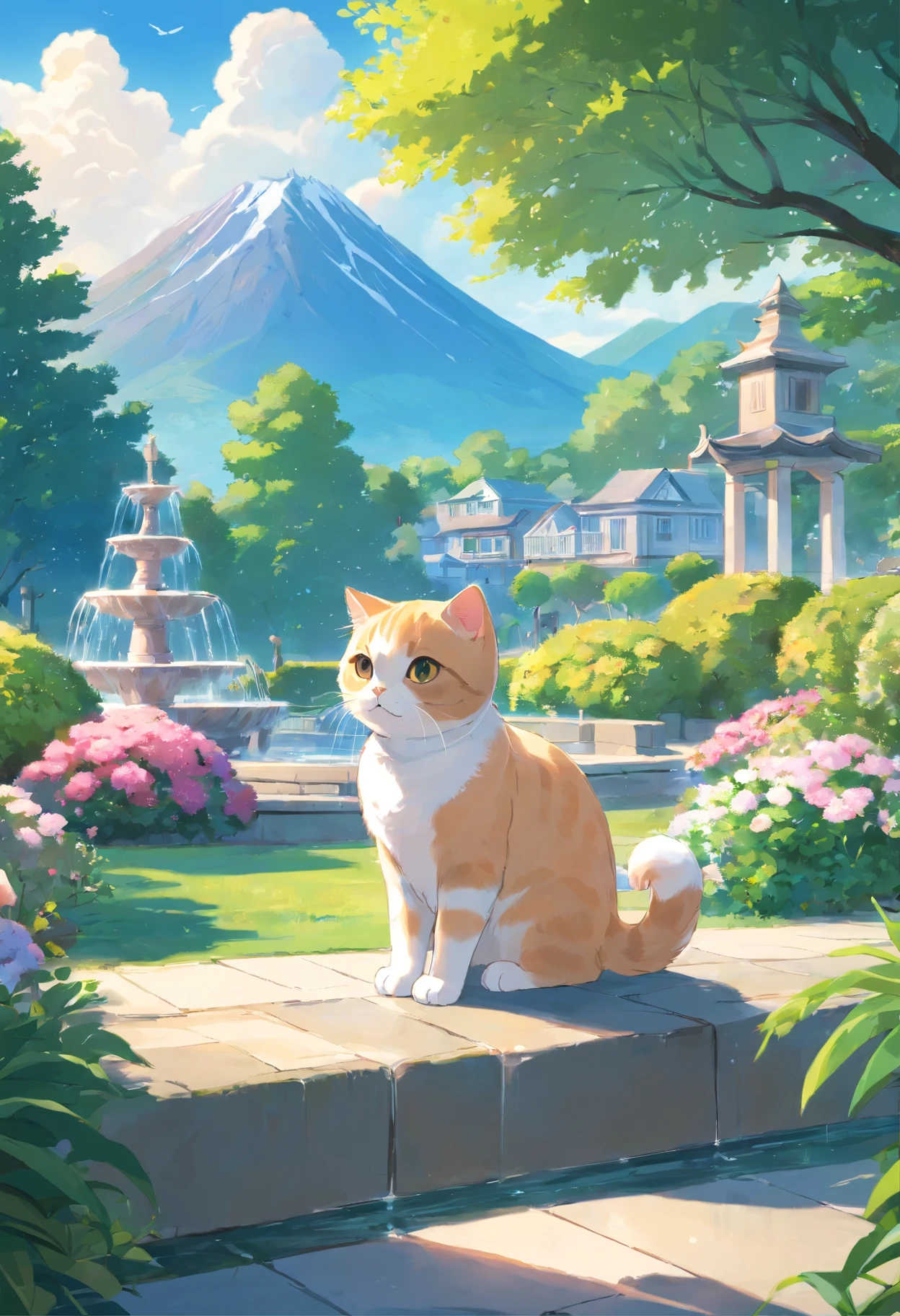 Scottish fold cat in the garden with fountain and distant houses and mountains in the background.