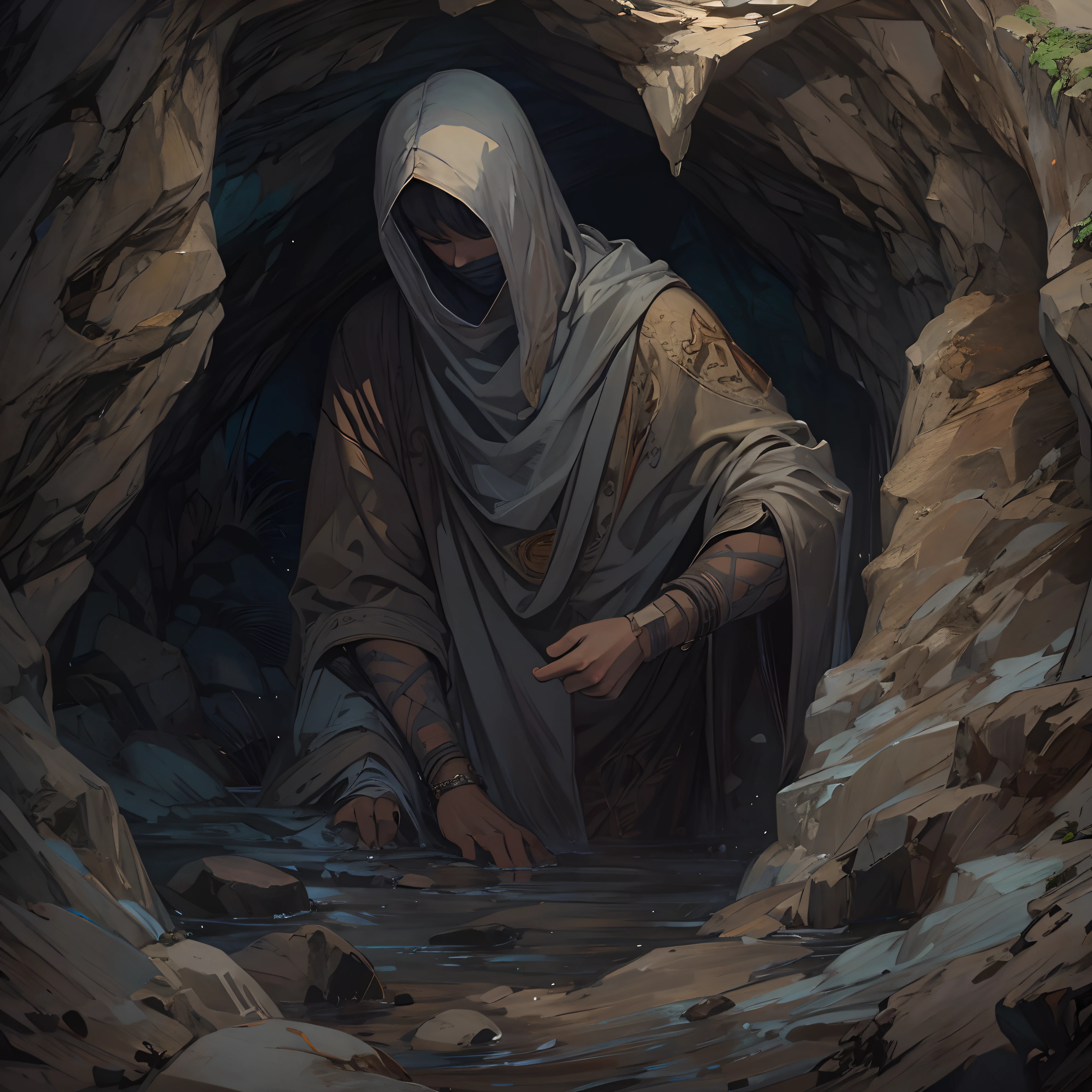 Masterpiece, Highest quality)), Detailed face, ， full bodyesbian, Full of details, man, faceless, no eyes, waking up in cave, ragged clothes