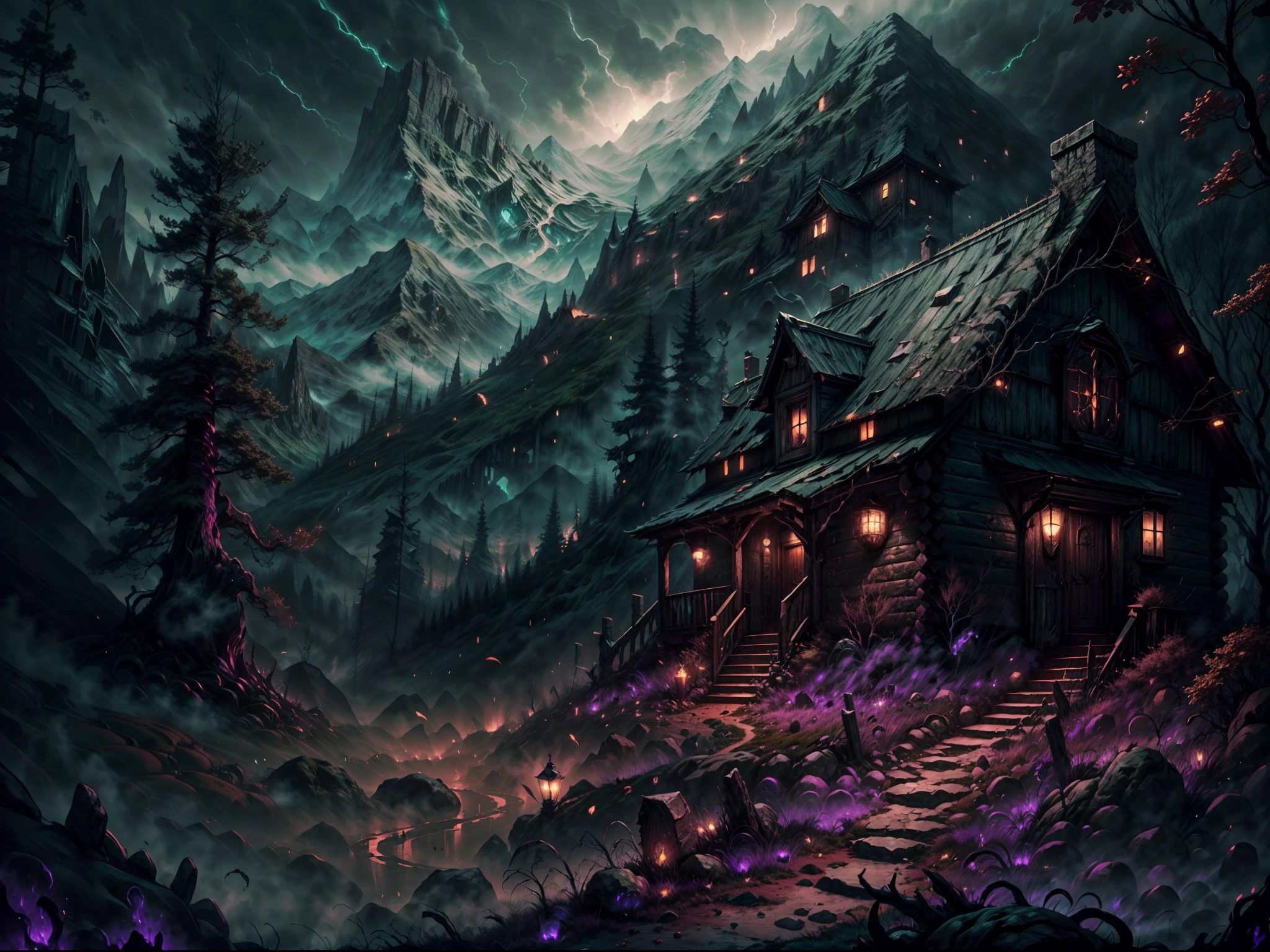 (a cabin,a massive mountain,HP.lovecraft style),old wooden cabin hidden in the dense forest,dark and mysterious,ominous atmosphere,ancient and towering mountain,covered in eerie mist,sharp and jagged peaks,reminiscent of the works of HP Lovecraft,encased in shadows,exuding a sense of unknown terror,imposing and otherworldly,carved with cryptic symbols and eldritch runes,ominous dark clouds swirling above the mountain,ominous glow emanating from the cabin's windows,whispering winds blowing through the trees,creating an eerie and unsettling ambiance,erratic flickering of candlelight,casting eerie shadows,ominous silence broken only by faint echoes of distant mysteries,palette of dark and brooding colors,dark greens, deep purples, and haunting blues,accentuated with flashes of sickly yellow and sickly greens,subtle and twisted details in every corner,beckoning the viewers into an eldritch and surreal world,intense and atmospheric lighting,casting long and haunting shadows.