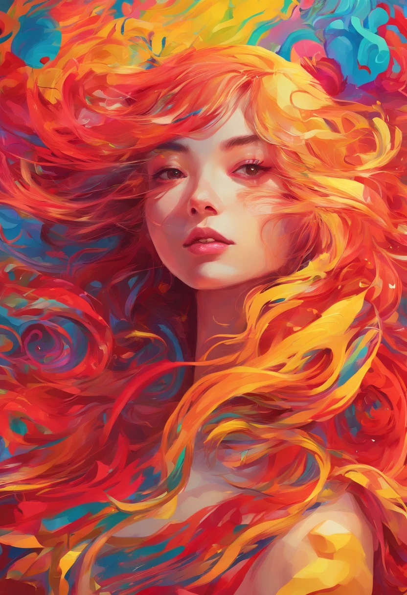 ((top-quality, 8K)), (Realistic), (Face Focus: 1.1), (Red and yellow: 1.3), Kawaii Girl, Hair fluttering in the wind, Facing to the side, (nudde: 1.1)、D Cup Breasts、