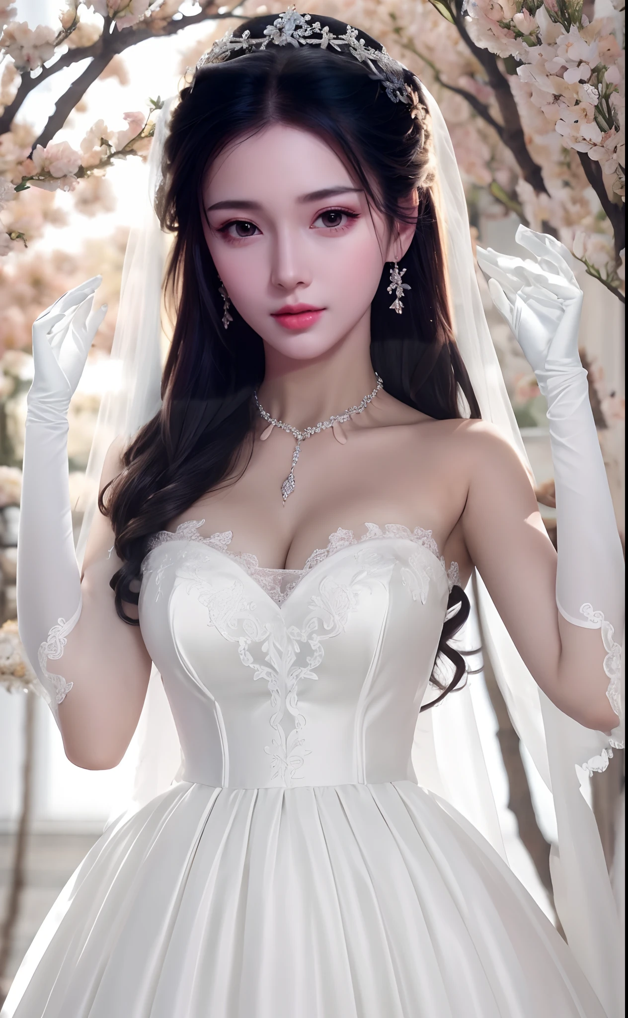 Close-up of a beautiful bride in a beautiful wedding dress, Gurvetz,( pillory:1.5), Flail on the head, Flail on the hands, Flail,(Bridal veil: 1.5), (Short transparent veil: 1.5), Flushed face, Head flower, head gear, (Tubular wedding dress: 1.5), (Silk dress: 1.2 ), (Strapless wedding dress: 1.5), Pure white dress, necklace, Earrings, (Huge breasts: 1.3), Deep V heart collar wedding dress, bangs, lipstick, (Lace gloves: 1.3), Full body photo, High detail RAW color art, a white long skirt, Whole body, with hands behind her back, and floor-length skirts,