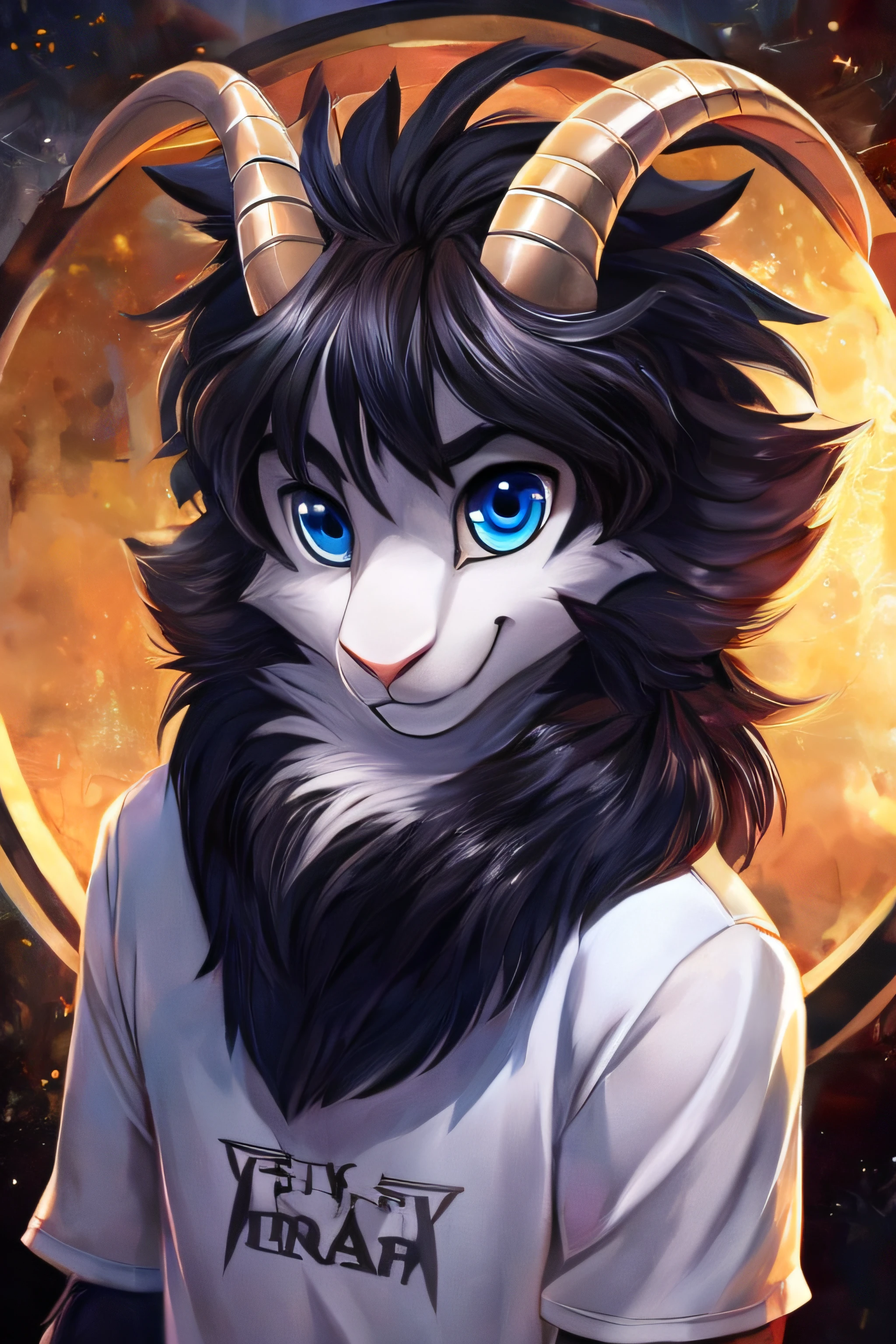 disney, furry character, black beard, detailed black head hair, black goatee, white fur, goat ears, goat curled horns, black horns, stylish, fursona, blue eyes and black goat pupil, jeans anime t-shirt, Charismatic pose, smile, fine detailed hooves, detailed eyes, full body portrait