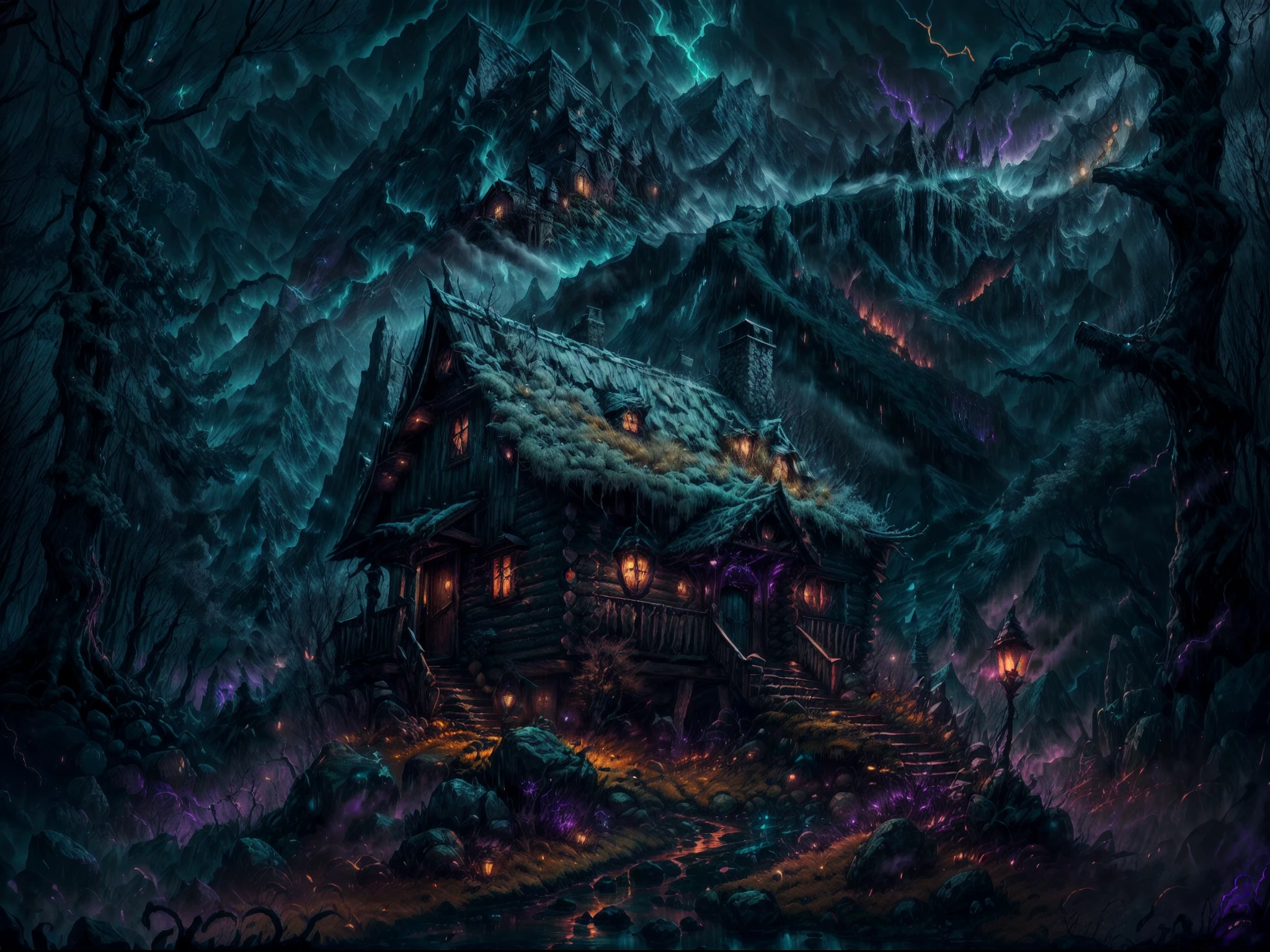 (a cabin,a massive mountain,HP.lovecraft style),old wooden cabin hidden in the dense forest,dark and mysterious,ominous atmosphere,ancient and towering mountain,covered in eerie mist,sharp and jagged peaks,reminiscent of the works of HP Lovecraft,encased in shadows,exuding a sense of unknown terror,imposing and otherworldly,carved with cryptic symbols and eldritch runes,ominous dark clouds swirling above the mountain,ominous glow emanating from the cabin's windows,whispering winds blowing through the trees,creating an eerie and unsettling ambiance,erratic flickering of candlelight,casting eerie shadows,ominous silence broken only by faint echoes of distant mysteries,palette of dark and brooding colors,dark greens, deep purples, and haunting blues,accentuated with flashes of sickly yellow and sickly greens,subtle and twisted details in every corner,beckoning the viewers into an eldritch and surreal world,intense and atmospheric lighting,casting long and haunting shadows.