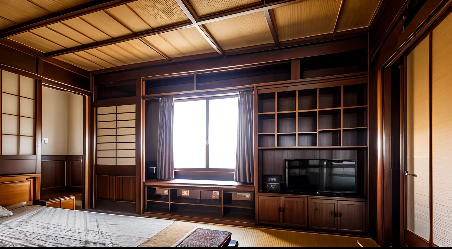 ((low angle:1,5)),((look up:1,5)), Backlighting, Dark, old traditional house, Home video, subjective, miscellaneous, messy,((A room with curtains drawn closed)),Decorated curtains,((Tatami:1,3)), ((low table)),((small room:1,3)),((Buddhist altar)),((a room with no incoming light)), ((blackout curtains)), cluttered,hardwood flooring, ((narrow hallway)),((Small room)), Carpet, rug mat, kitchen cabinet, Showa-era retro, rental housing, cluttered, decadent, dilapidated, wooden house, typical Japanese home, intricately crafted doors, antique three-tiered box,((TV)), ((air conditioner)), ((low table)), tea cup and snacks on the low table, indoor drying, ((laundry hanging in the room)), Hanging up clothes to dry,sliding doors (fusuma), curtains, windows, fixed telephone on the three-tiered box, bookshelves