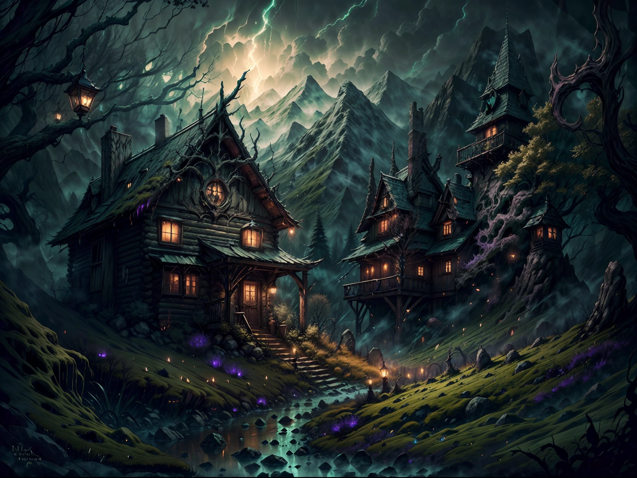 (a cabin,a massive mountain,HP.lovecraft style),old wooden cabin hidden in the dense forest,dark and mysterious,ominous atmosphere,ancient and towering mountain,covered in eerie mist,sharp and jagged peaks,reminiscent of the works of HP Lovecraft,encased in shadows,exuding a sense of unknown terror,imposing and otherworldly,carved with cryptic symbols and eldritch runes,ominous dark clouds swirling above the mountain,ominous glow emanating from the cabin's windows,whispering winds blowing through the trees,creating an eerie and unsettling ambiance,erratic flickering of candlelight,casting eerie shadows,ominous silence broken only by faint echoes of distant mysteries,palette of dark and brooding colors,dark greens, deep purples, and haunting blues,accentuated with flashes of sickly yellow and sickly greens,subtle and twisted details in every corner,beckoning the viewers into an eldritch and surreal world,intense and atmospheric lighting,casting long and haunting shadows.