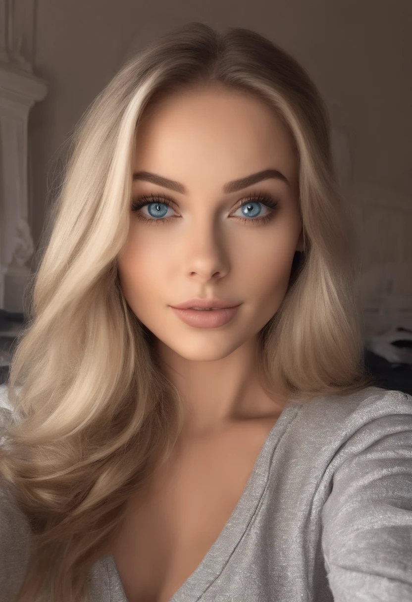 arafed woman fully , sexy girl with blue eyes, ultra realistic, meticulously detailed, selfie sophie mudd, blonde hair and large eyes, selfie of a young woman, bedroom eyes, violet myers, without makeup, natural makeup, looking directly at the camera, face with artgram, subtle makeup, stunning sefie shot in bed, in bedroom, medium to large size bust