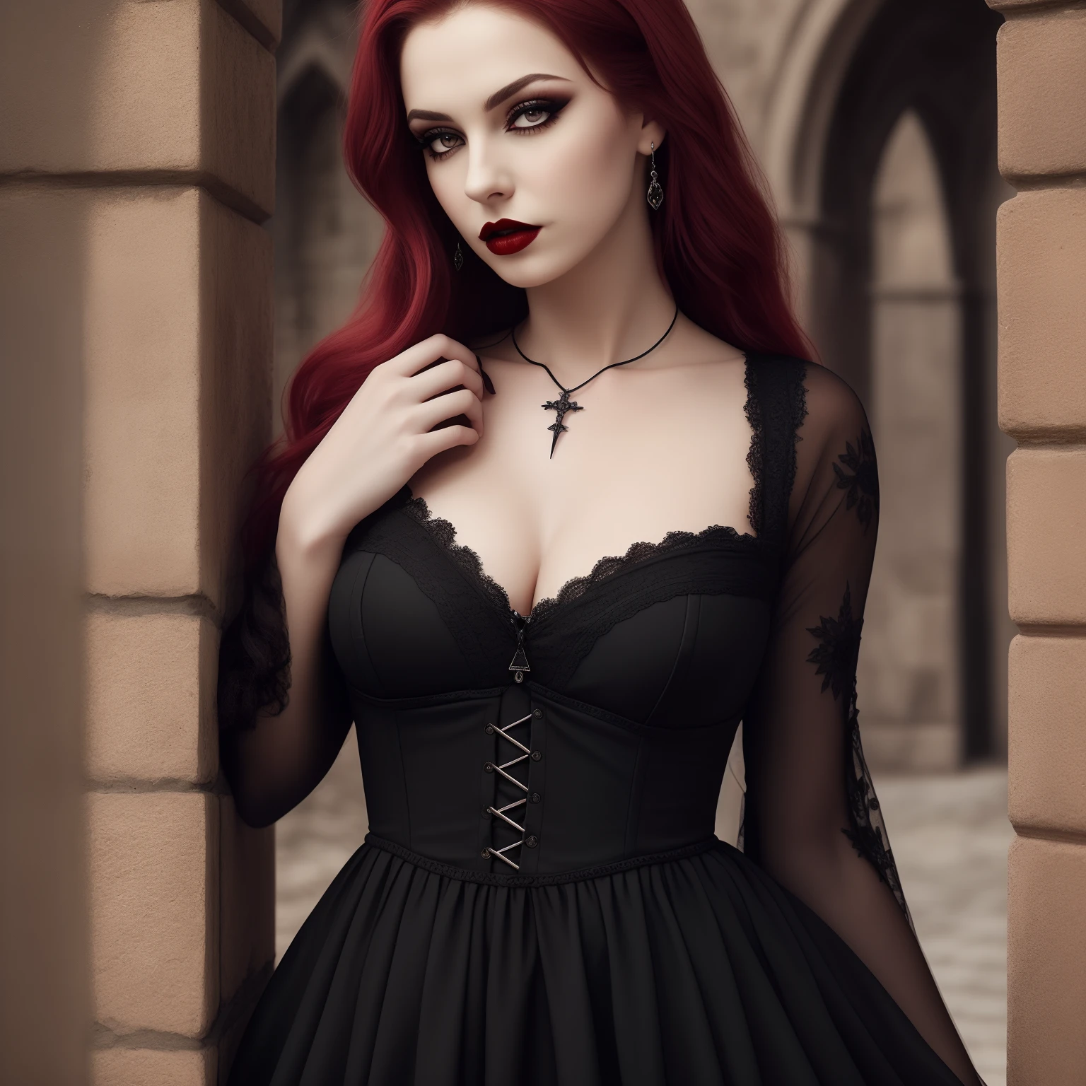 masterpiece, 8k, wallpaper, (detailed), ((full body)), beautiful woman, vampire, dark red hair, pale skin, (wearing black dress), makeup, eyeliner, red lipstick, gothic, castle, (intricate), ((high detailed skin, skin details)), sharp focus, 8k uhd, dslr, high quality, film grain,