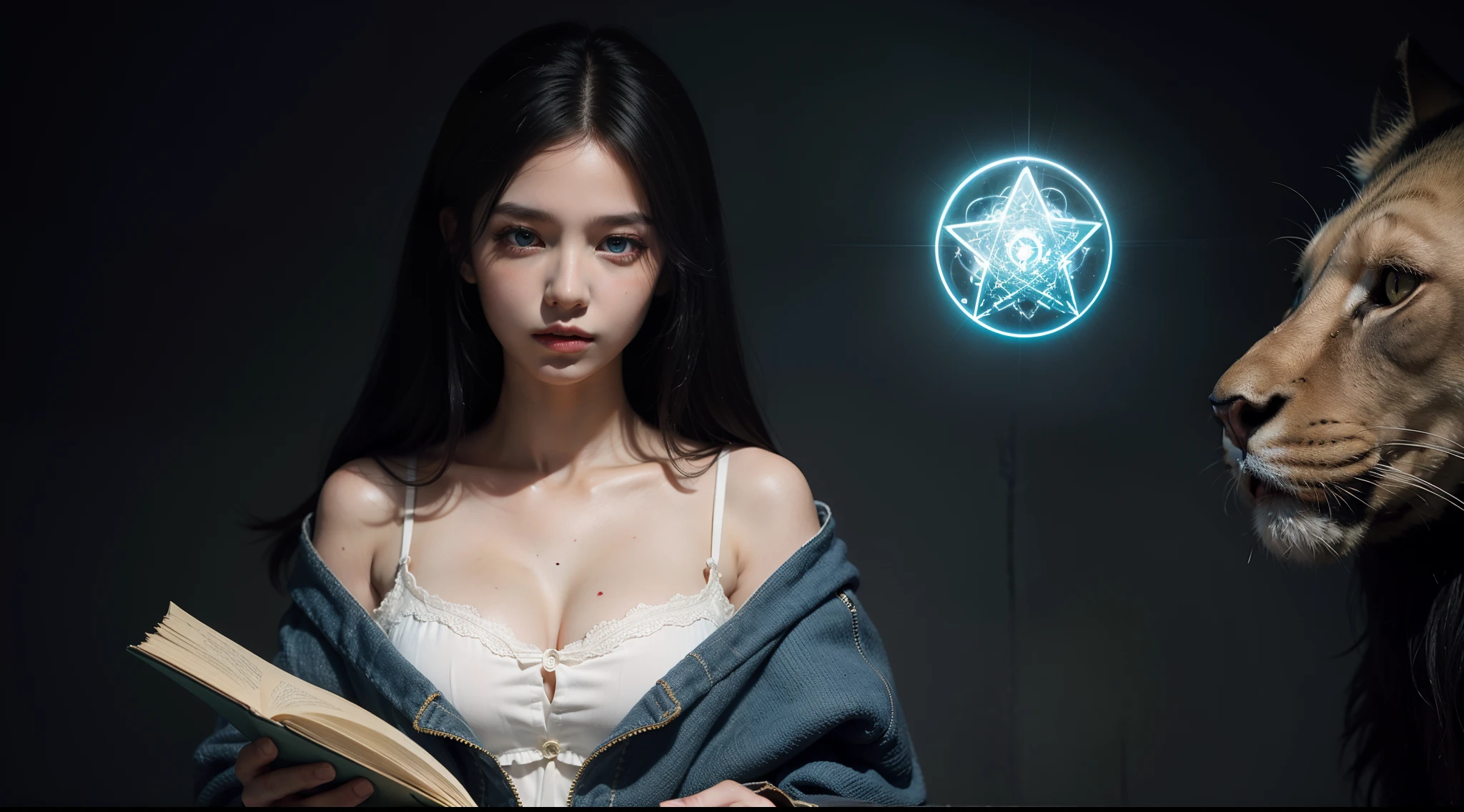 Magic Book,Blood,Night, Dark, (Fantasy),infinite,deep blue sky,The abyss of knowledge,Cowledge,((masutepiece)), (((Best Quality))),((Beautiful fine eyes)),(Eye lashes)、Very beautiful face、Beautiful girl riding a giant white lion、(1人)、Black hair、The long-haired、abyss eyes、glowy skin、oils、small tits、Perfect human body structure、Wizard robes、tattered cloth、Realistic coat、Tee、Super delicate CG Unity 32k wallpaper、masterpiece, ((ultra-detailliert)), ((illustratio)),colourfull,wall-paper,The energy,Unknown terror,Incomprehensible,Around the magic,Magical surroundings,magic wands,Boken,Flying pages,Know everything,Predict the future、Get to know the past、Infinite wisdom、blue flames、Warlock、magic circles、Pentagram、Spells、mantra、Singing magic
