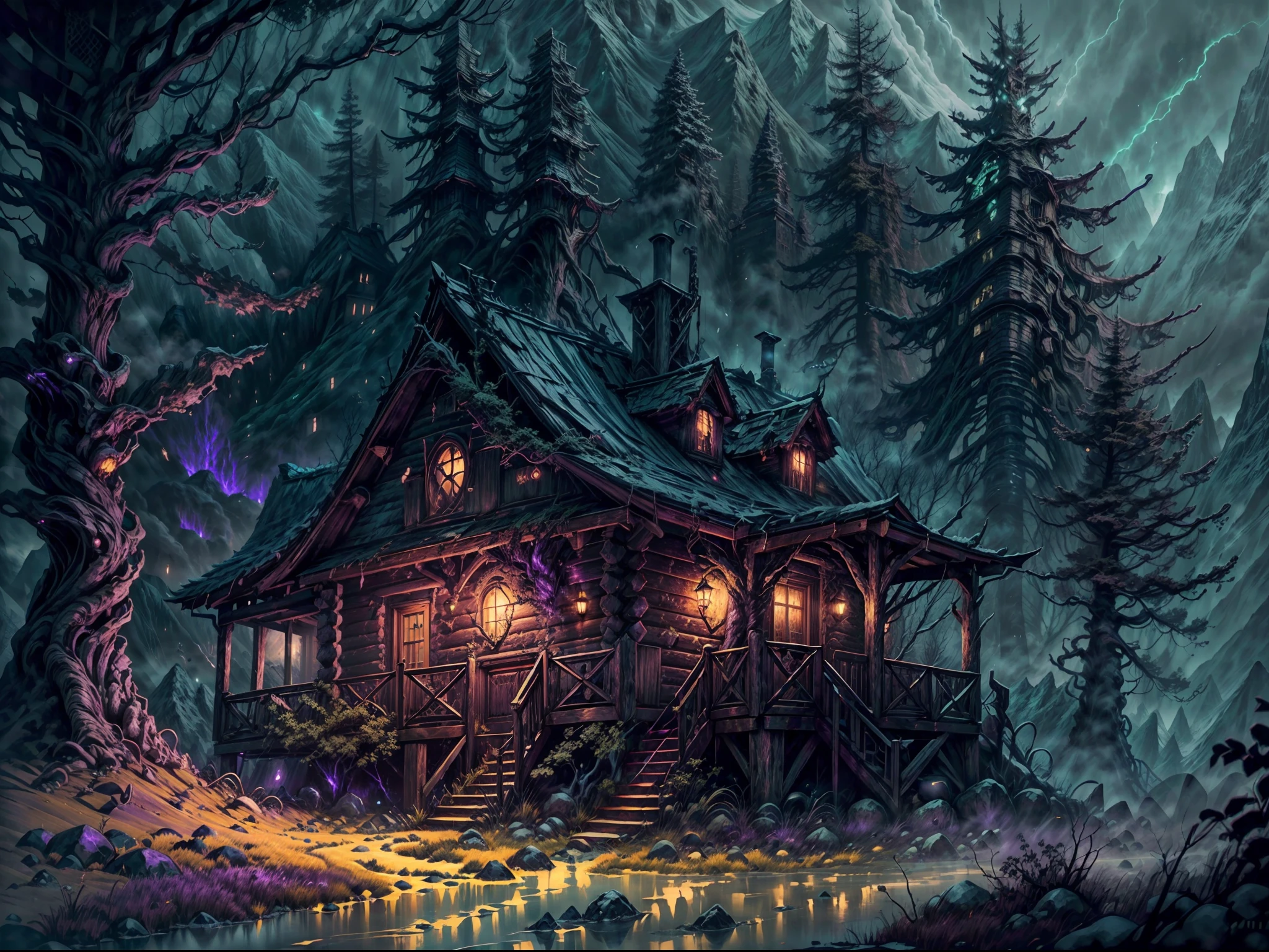 (a cabin,a massive mountain,HP.lovecraft style),old wooden cabin hidden in the dense forest,dark and mysterious,ominous atmosphere,ancient and towering mountain,covered in eerie mist,sharp and jagged peaks,reminiscent of the works of HP Lovecraft,encased in shadows,exuding a sense of unknown terror,imposing and otherworldly,carved with cryptic symbols and eldritch runes,ominous dark clouds swirling above the mountain,ominous glow emanating from the cabin's windows,whispering winds blowing through the trees,creating an eerie and unsettling ambiance,erratic flickering of candlelight,casting eerie shadows,ominous silence broken only by faint echoes of distant mysteries,palette of dark and brooding colors,dark greens, deep purples, and haunting blues,accentuated with flashes of sickly yellow and sickly greens,subtle and twisted details in every corner,beckoning the viewers into an eldritch and surreal world,intense and atmospheric lighting,casting long and haunting shadows.