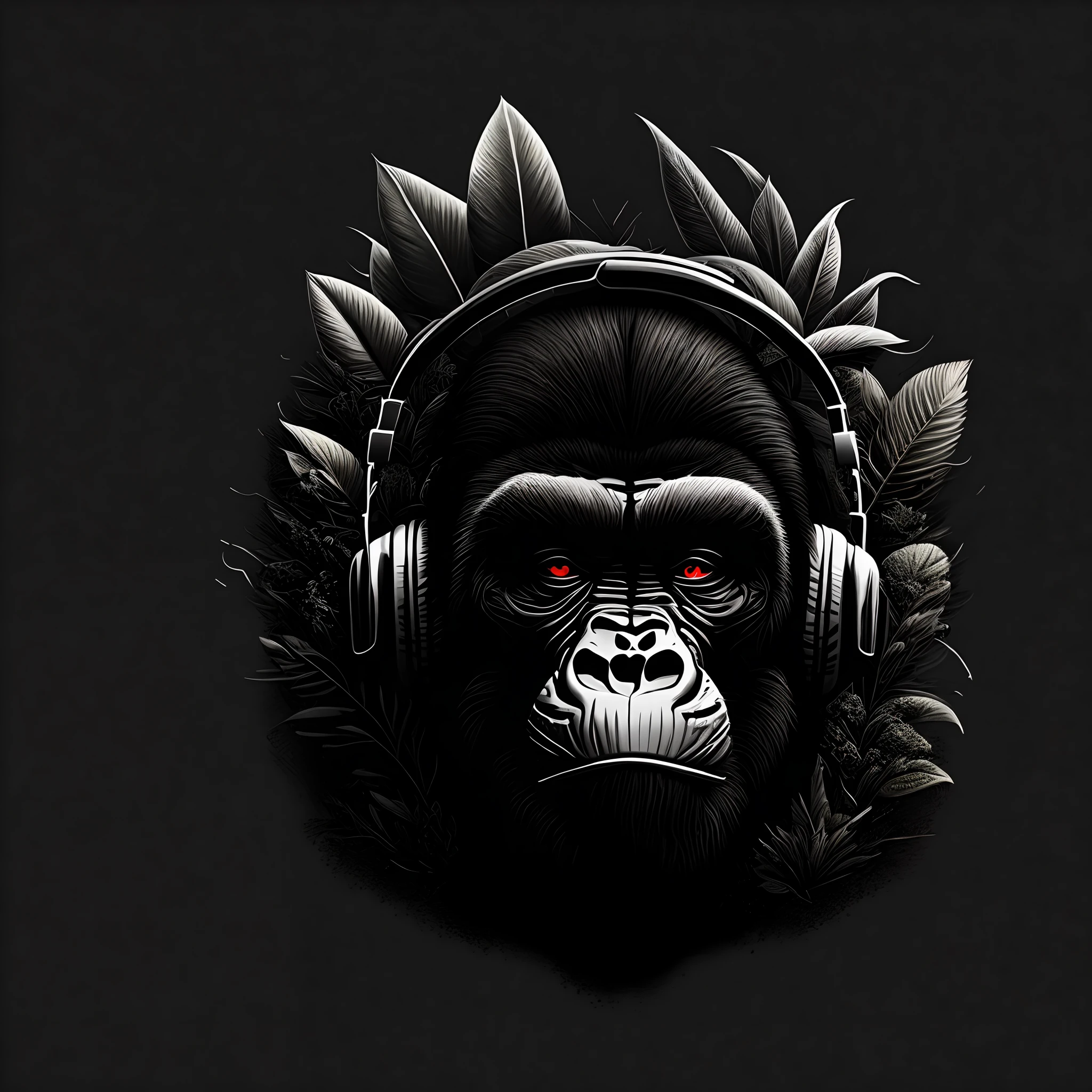 A minimalist and elegant logo for a music label, a angry gorilla wearing headphones, hip hop, afrofuturism, nature and plants, black and white