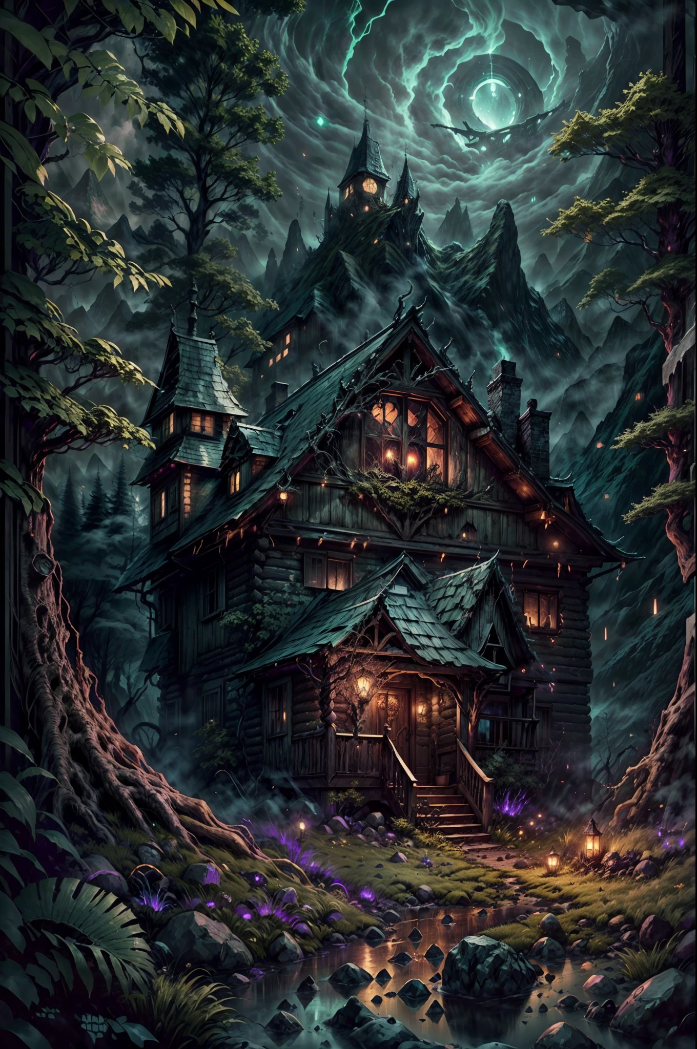 (a cabin,a massive mountain,HP.lovecraft style),old wooden cabin hidden in the dense forest,dark and mysterious,ominous atmosphere,ancient and towering mountain,covered in eerie mist,sharp and jagged peaks,reminiscent of the works of HP Lovecraft,encased in shadows,exuding a sense of unknown terror,imposing and otherworldly,carved with cryptic symbols and eldritch runes,ominous dark clouds swirling above the mountain,ominous glow emanating from the cabin's windows,whispering winds blowing through the trees,creating an eerie and unsettling ambiance,erratic flickering of candlelight,casting eerie shadows,ominous silence broken only by faint echoes of distant mysteries,palette of dark and brooding colors,dark greens, deep purples, and haunting blues,accentuated with flashes of sickly yellow and sickly greens,subtle and twisted details in every corner,beckoning the viewers into an eldritch and surreal world,intense and atmospheric lighting,casting long and haunting shadows.