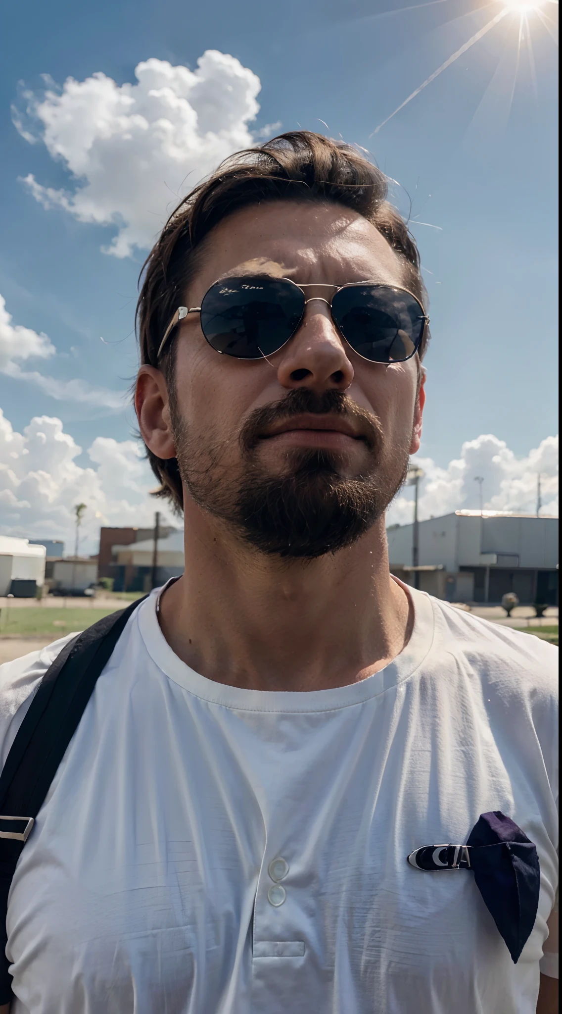 8k image of a white man with sunglasses, calca longa de cor preta e camisa social. This man is looking up at the sky. A total solar eclipse is taking place in the sky