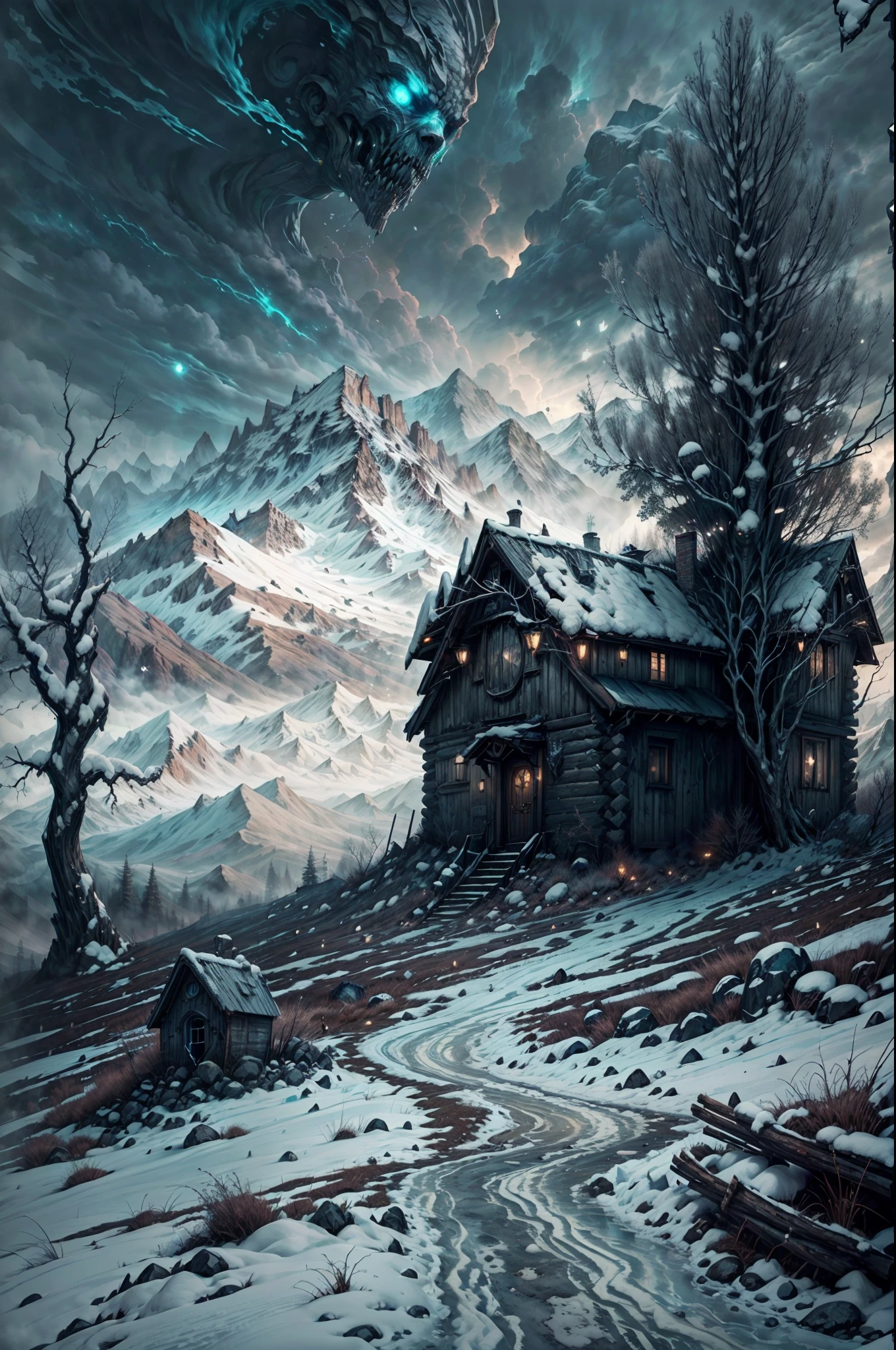 (best quality,4k,8k,highres,masterpiece:1.2),ultra-detailed,realistic,horrifying,wintery,desolate landscape,creepy cabin on top of a remote mountain,ominous atmosphere,dark stormy clouds,foreboding mist,ancient snow-covered mountain peak,hauntingly beautiful view,sinister shadows lurking in the corners,cabin covered in snow,weathered wood,aged and worn-out appearance,isolated from civilization,imposing and eerie,ominous snowstorm,whispering winds,the sense of isolation and solitude,HP Lovecraft style,distorted reality,grotesque and otherworldly,winter color palette of deep blues and grays,duplicate snow-encrusted mountain peak in the distance,overwhelming sense of mystery and dread,uncanny shapes and forms in the landscape,disturbing architecture of the cabin,unearthly creatures in the shadows,secrets of the mountain waiting to be discovered,unfathomable horrors beneath the surface,ancient cosmic powers at play,eldritch and otherworldly elements,unseen horrors lurking within the cabin,unknown and forbidden knowledge,whispers of ancient evils.