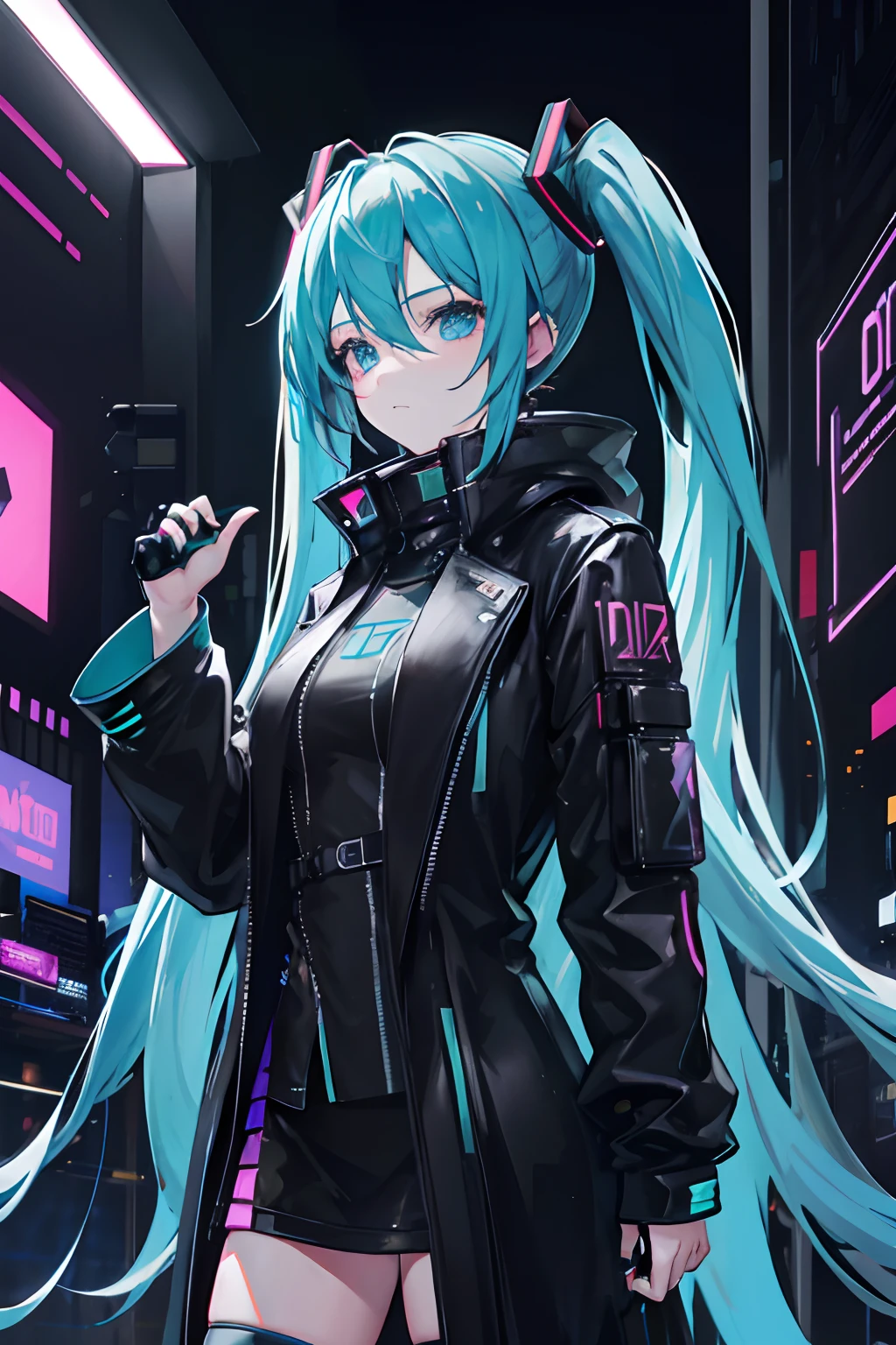 Hatsune Miku hacker, Watch Dogs, Cyberpunk 2077, ((Black Overcoat))