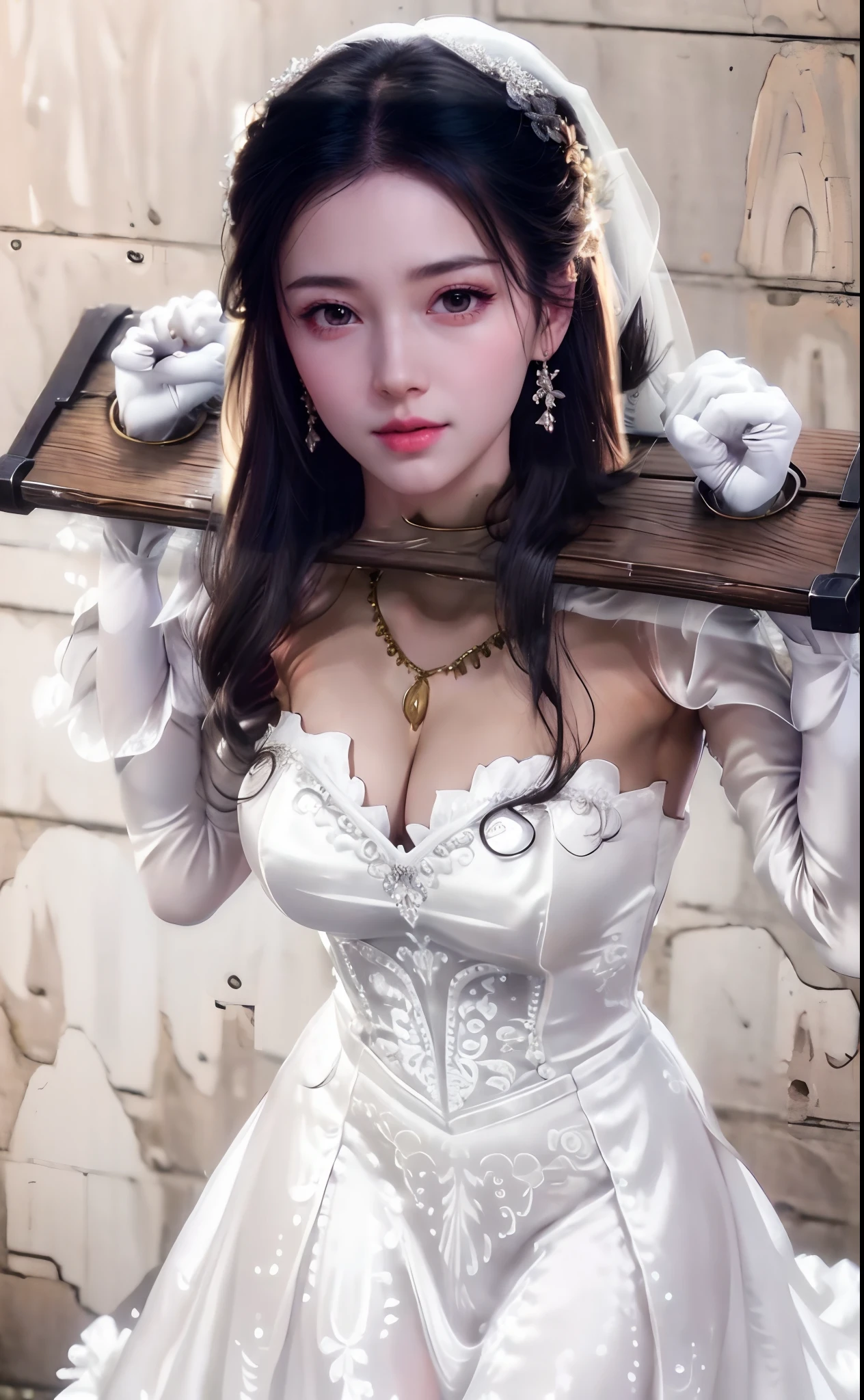 Close-up of a beautiful bride in a beautiful wedding dress, Gurvetz,( pillory:1.5), Flail on the head, Flail on the hands, Flail,(Bridal veil: 1.5), (Short transparent veil: 1.5), Flushed face, Head flower, head gear, (Tubular wedding dress: 1.5), (Silk dress: 1.2 ), (Strapless wedding dress: 1.5), Pure white dress, necklace, Earrings, (Huge breasts: 1.3), Deep V heart collar wedding dress, bangs, lipstick, (Lace gloves: 1.3), Full body photo, High detail RAW color art, a white long skirt, Whole body, with hands behind her back, and floor-length skirts,