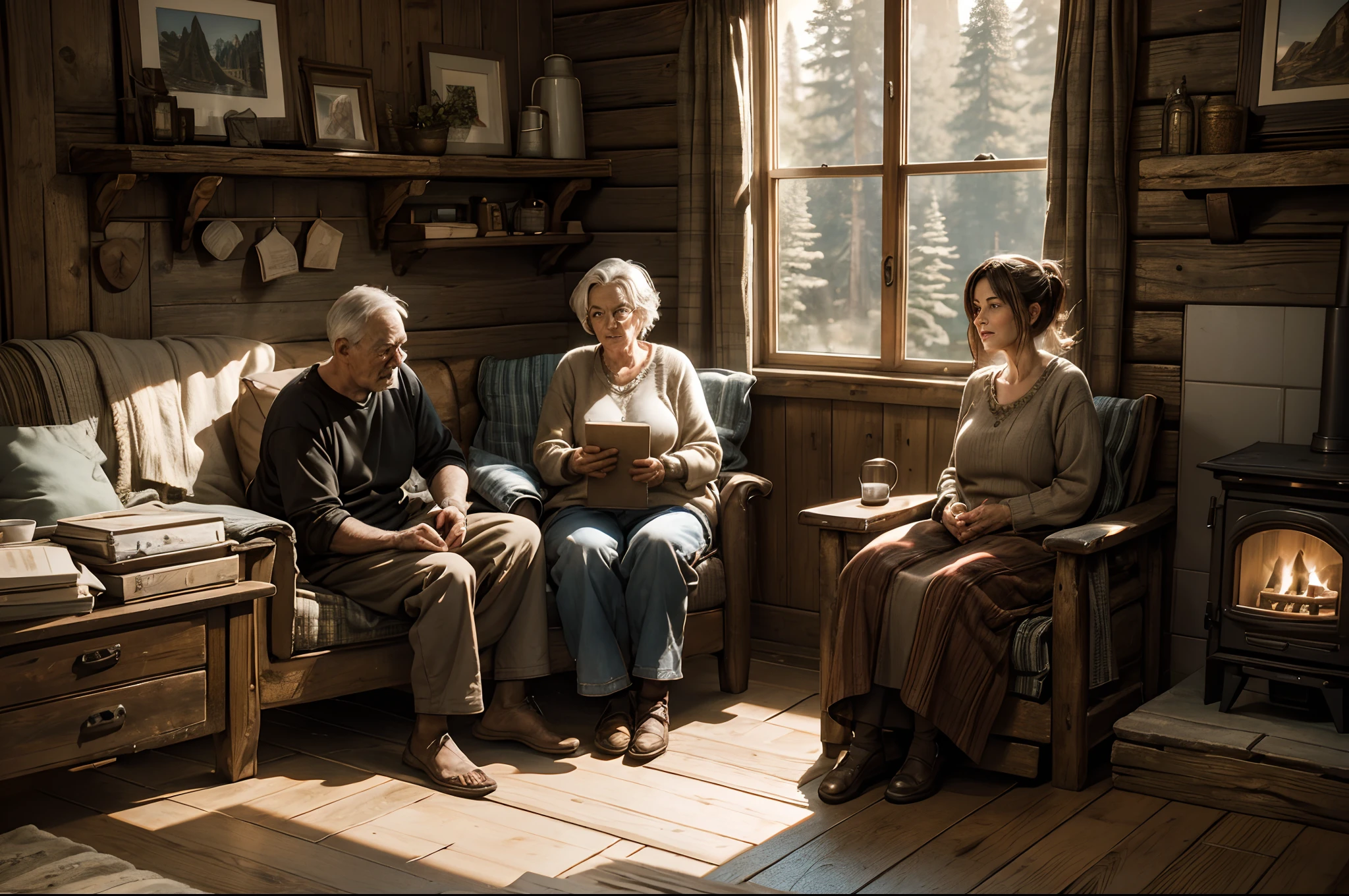 Portrait of an old couple sitting in a comfy couch in a cozy mountain cabin in the woods, with a wood burning stove, a window to the outdoors, and furniture made from logs and boards, (realistic 3d render, realistic textures, detailed interior and exterior models, high polycount).