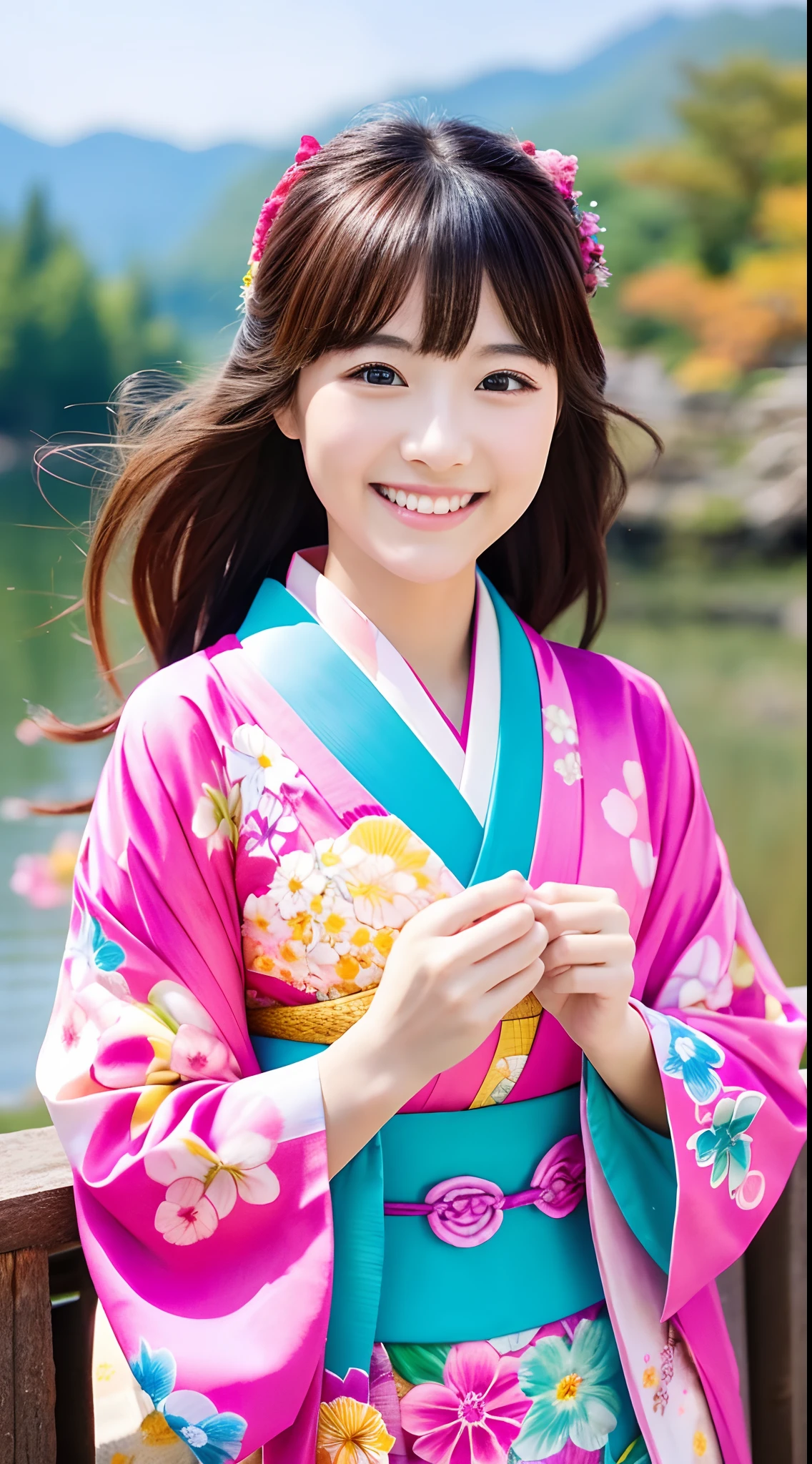 Beautiful scenery、Top resolution 、Superlative beauty、A Japanese style、Vivid、colourfull、hiquality、Smiling face、Kimono、unclear、Pink kimono、