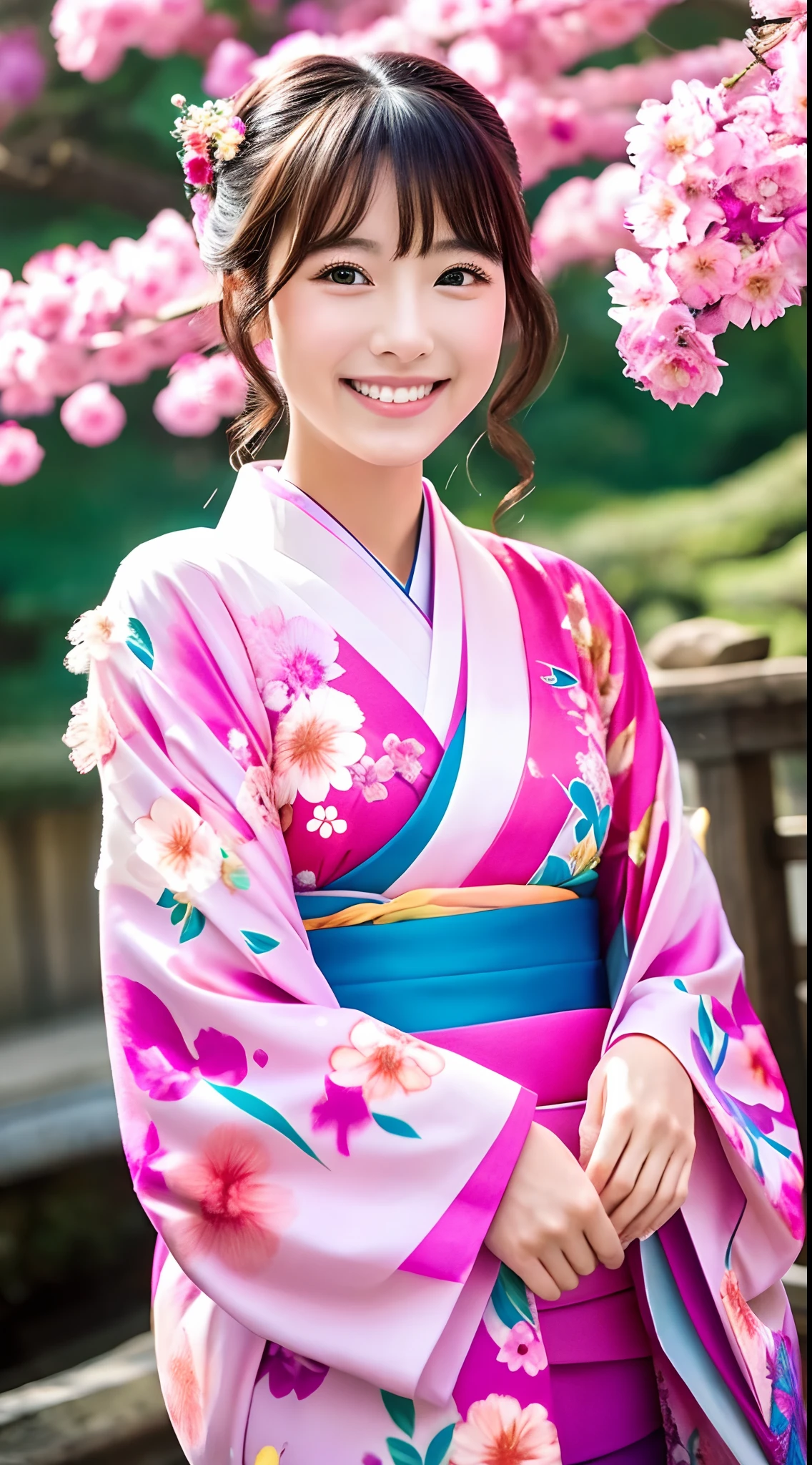 Beautiful scenery、Top resolution 、Superlative beauty、A Japanese style、Vivid、colourfull、hiquality、Smiling face、Kimono、unclear、Pink kimono、