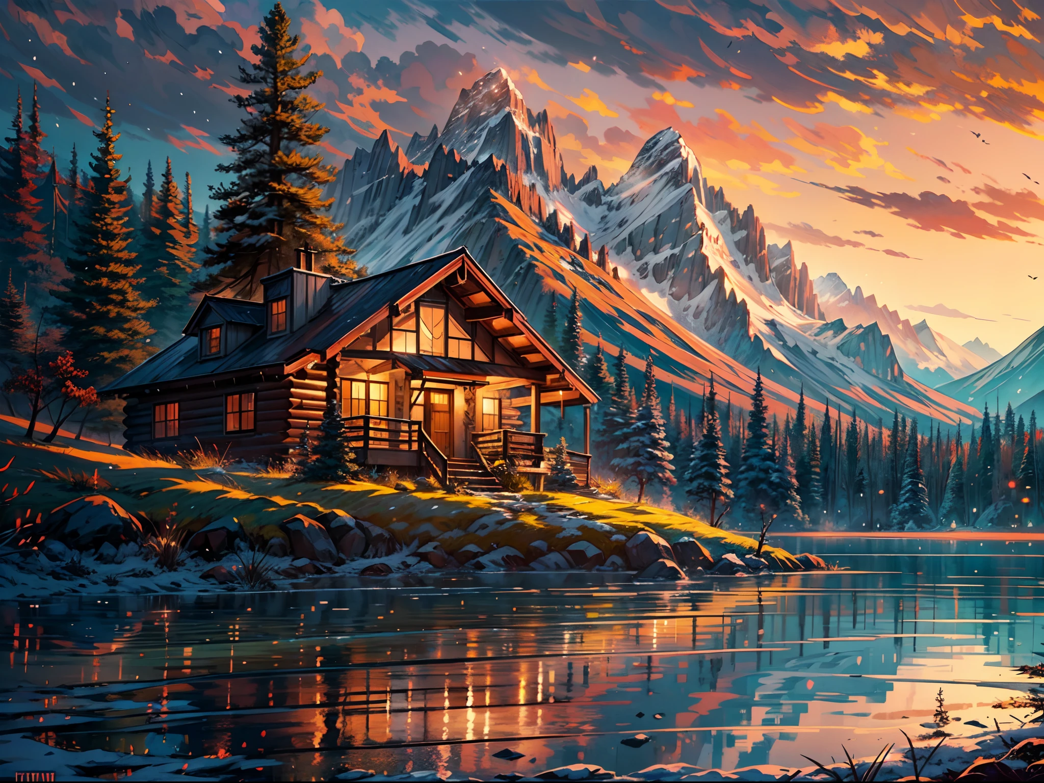 cabin with a massive mountain view,Shinkai Makoto style,beautifully detailed cabin,extremely detailed mountain range,soft lighting,vivid colors,realistic art,aurora borealis in the night sky,reflection of the cabin in a calm lake,warm color palette,highres,ultra detailed,photorealistic,professionally rendered,peaceful atmosphere,tranquil setting,gentle breeze,delicate brush strokes,subtle textures,serene mood,scenic beauty,expansive landscape,deep sense of tranquility,harmonious composition,stunning natural scenery,meticulous attention to detail,mountain peaks covered in snow,ethereal and dreamlike ambiance,wispy clouds floating overhead,majestic and awe-inspiring sight,sublime and breathtaking view,overwhelming sense of grandeur,crisp and clear air,enchanting visual experience,emotional and evocative portrayal,captivating and immersive artwork.