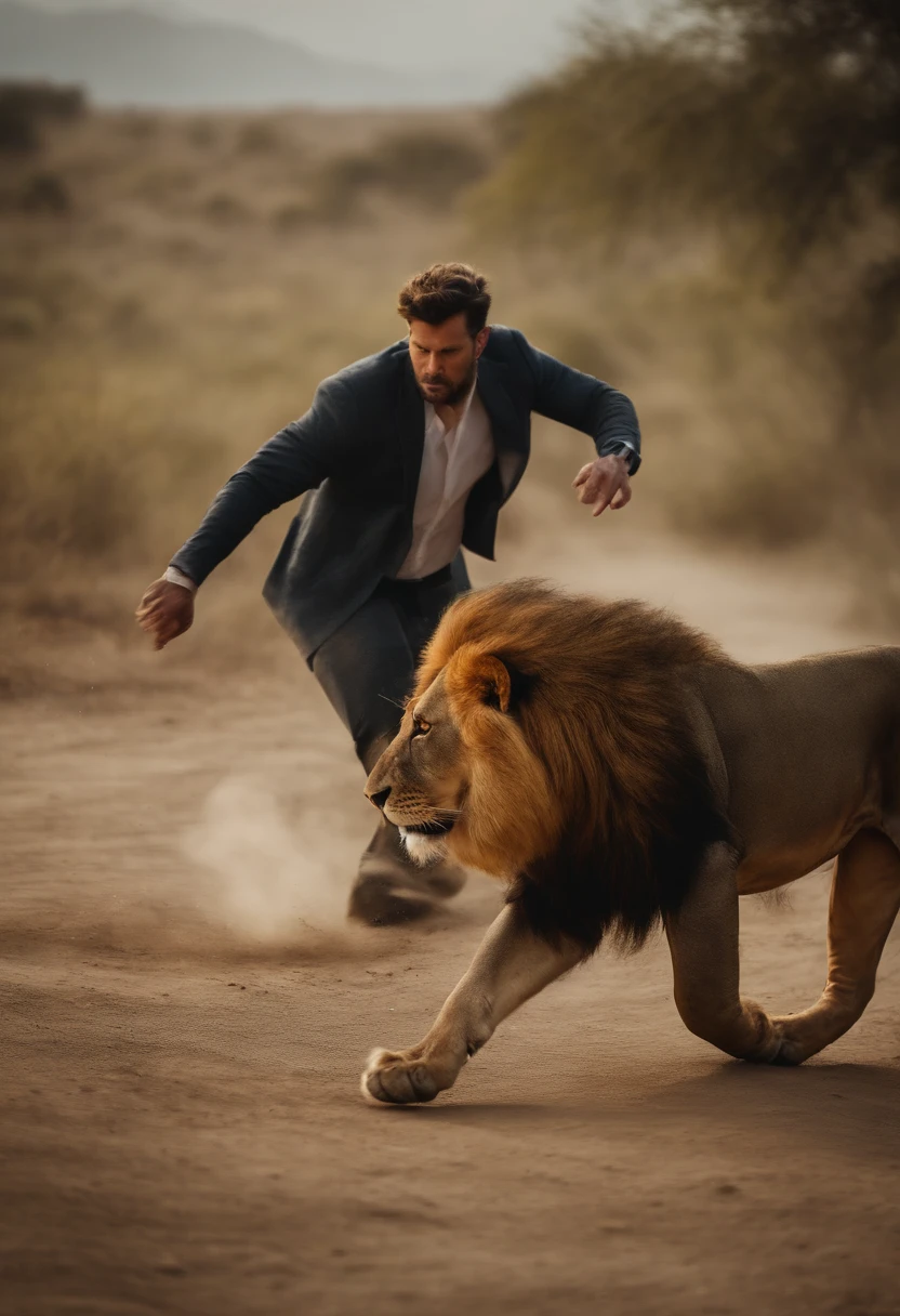 1 man kicks a lion.