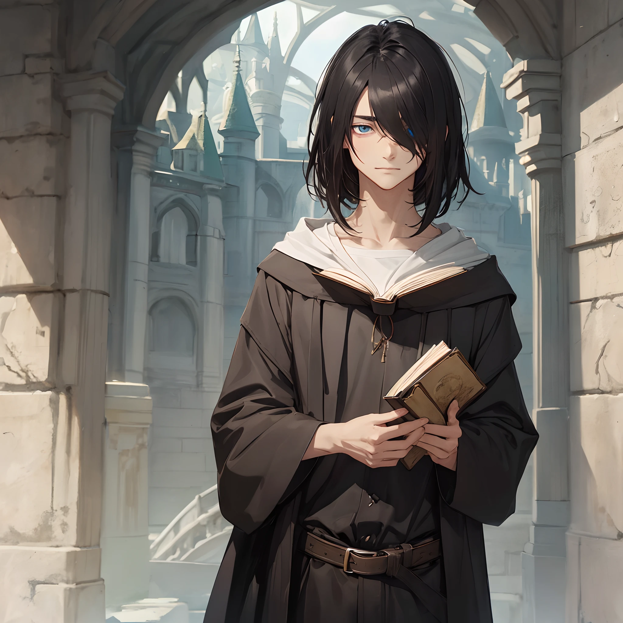 Wizard, student, dark hair, eye covered, eye bags, bad posture, shy, holding a book, male, fantasy