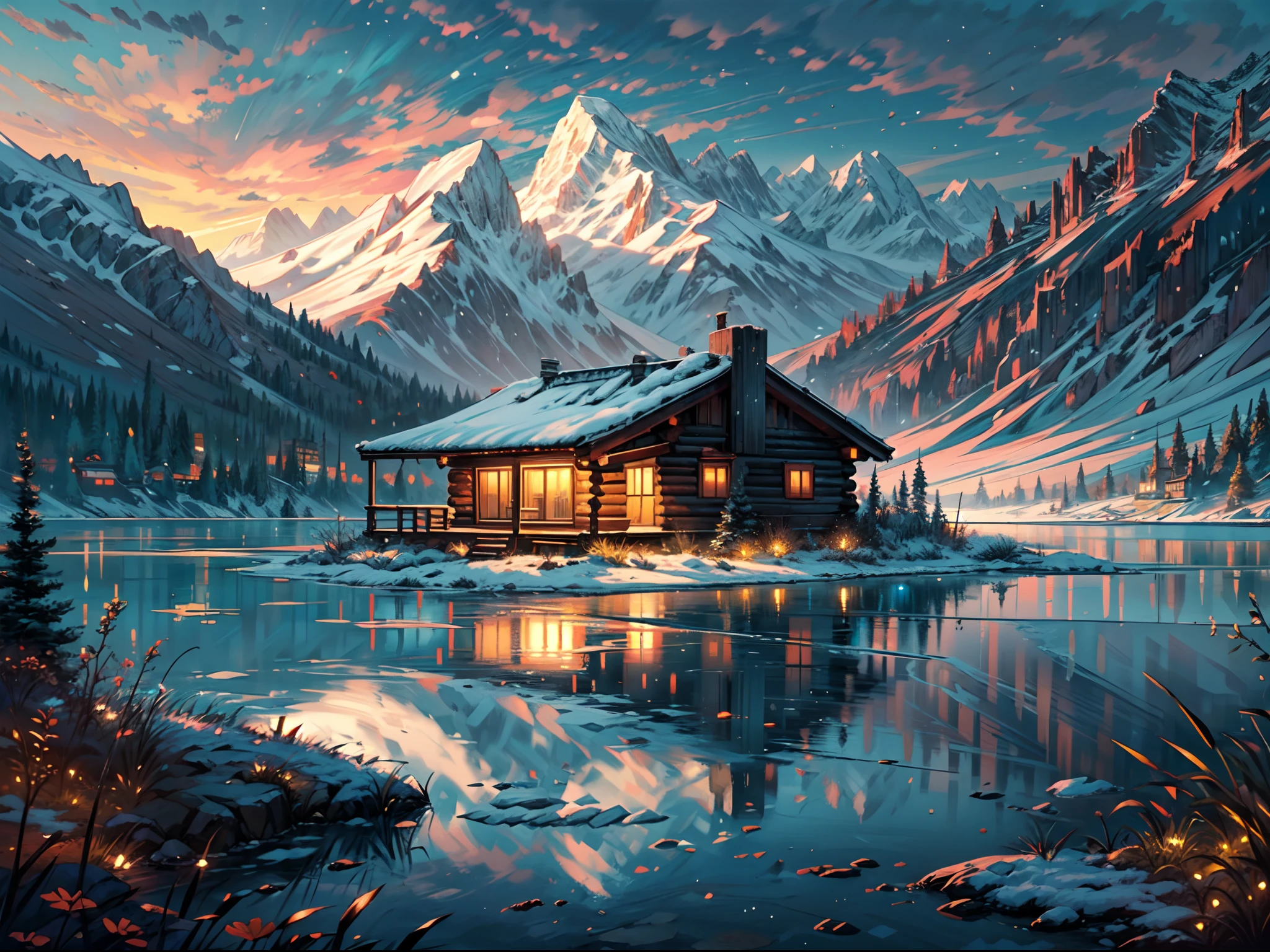 cabin with a massive mountain view,Shinkai Makoto style,beautifully detailed cabin,extremely detailed mountain range,soft lighting,vivid colors,realistic art,aurora borealis in the night sky,reflection of the cabin in a calm lake,warm color palette,highres,ultra detailed,photorealistic,professionally rendered,peaceful atmosphere,tranquil setting,gentle breeze,delicate brush strokes,subtle textures,serene mood,scenic beauty,expansive landscape,deep sense of tranquility,harmonious composition,stunning natural scenery,meticulous attention to detail,mountain peaks covered in snow,ethereal and dreamlike ambiance,wispy clouds floating overhead,majestic and awe-inspiring sight,sublime and breathtaking view,overwhelming sense of grandeur,crisp and clear air,enchanting visual experience,emotional and evocative portrayal,captivating and immersive artwork.