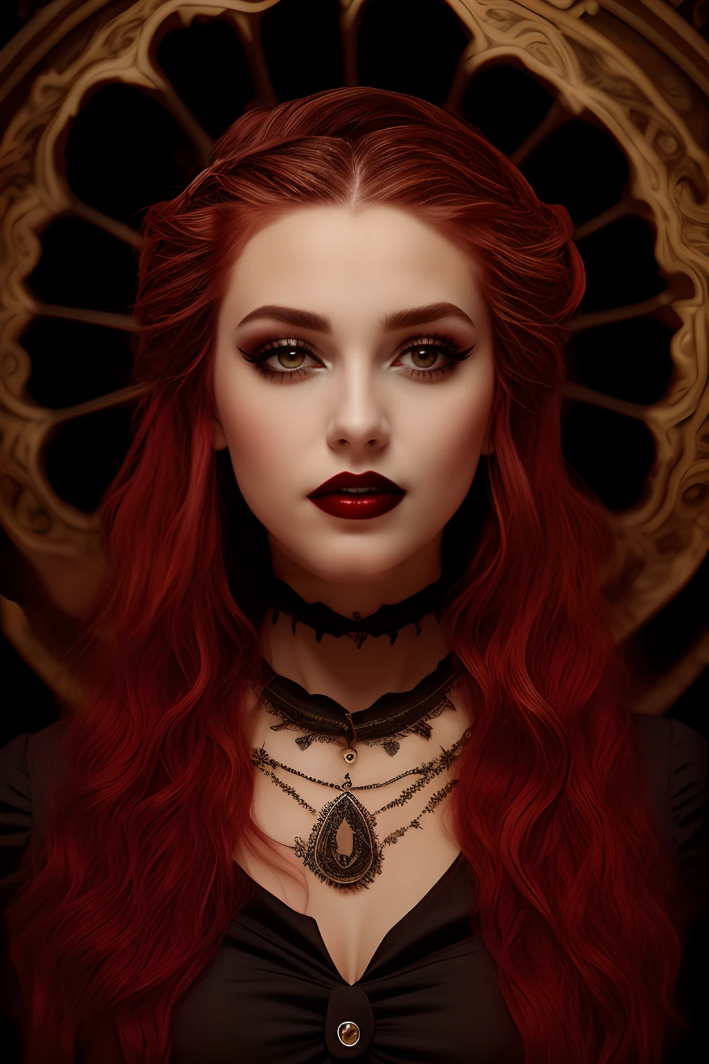 masterpiece, 8k, wallpaper, (detailed), ((full body)), beautiful woman, vampire, dark red hair, pale skin, (wearing black dress), makeup, eyeliner, red lipstick, gothic, castle, (intricate), ((high detailed skin, skin details)), sharp focus, 8k uhd, dslr, high quality, film grain,