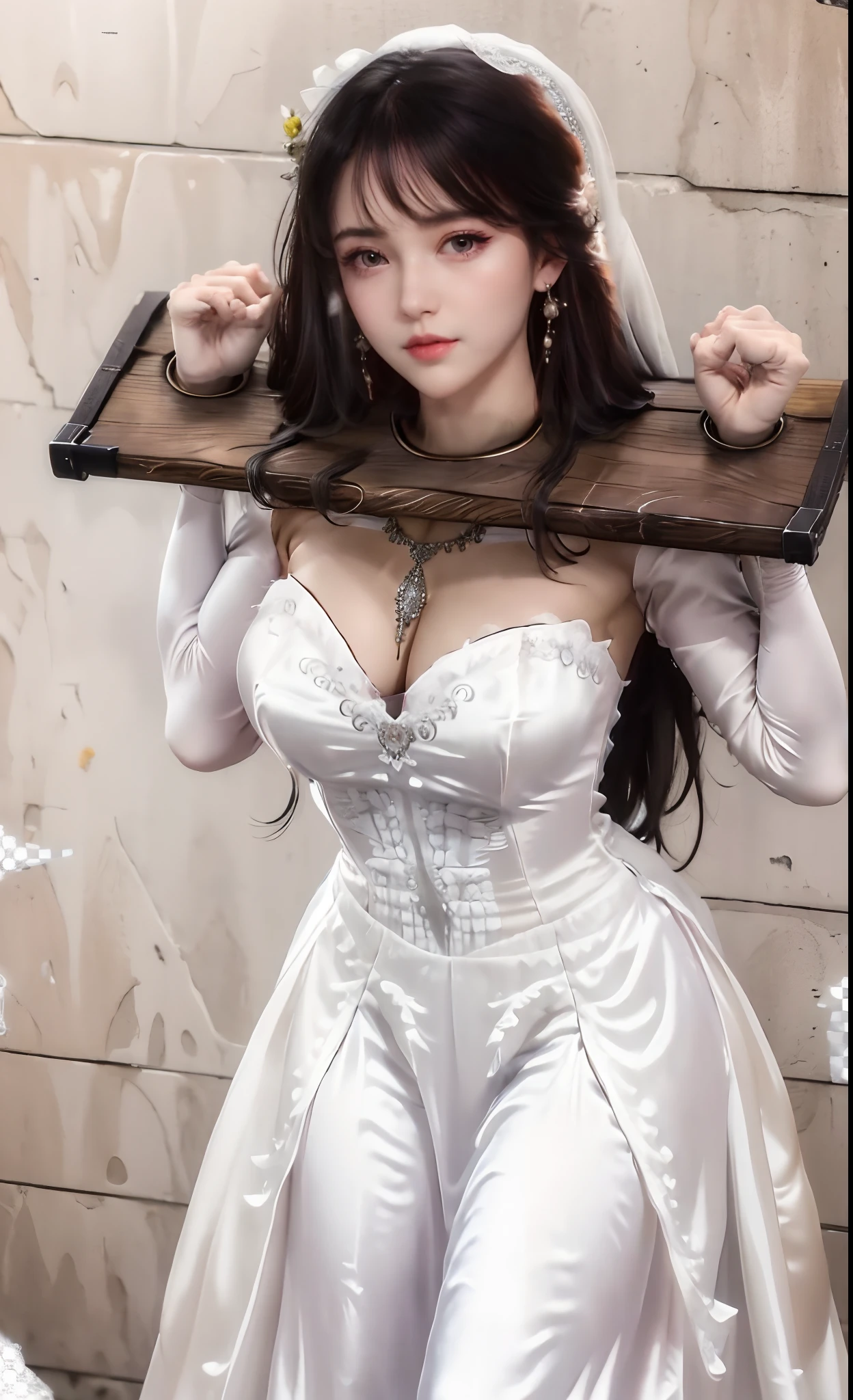 Close-up of a beautiful bride in a beautiful wedding dress, Gurvetz,( pillory:1.5), Flail on the head, Flail on the hands, Flail,(Bridal veil: 1.5), (Short transparent veil: 1.5), Flushed face, Head flower, head gear, (Tubular wedding dress: 1.5), (Silk dress: 1.2 ), (Strapless wedding dress: 1.5), Pure white dress, necklace, Earrings, (Huge breasts: 1.3), Deep V heart collar wedding dress, bangs, lipstick, (Lace gloves: 1.3), Full body photo, High detail RAW color art, a white long skirt, Whole body, with hands behind her back, and floor-length skirts,