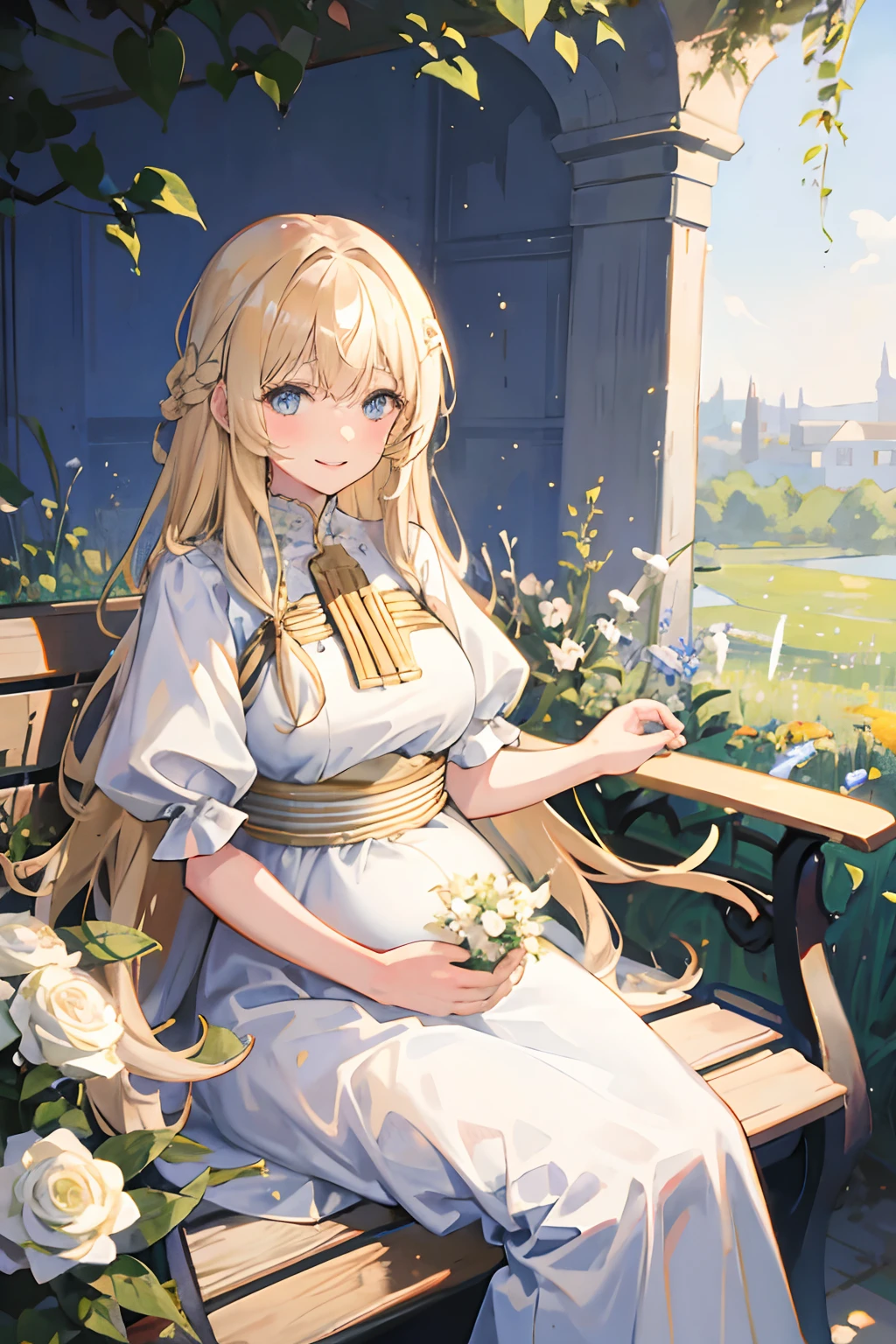 1 woman, long blonde hair, blue eyes, white dress, 1 pregnant woman, smiling gently, sitting in a floral place in the field, one hand on her belly and the other leaning on the bench