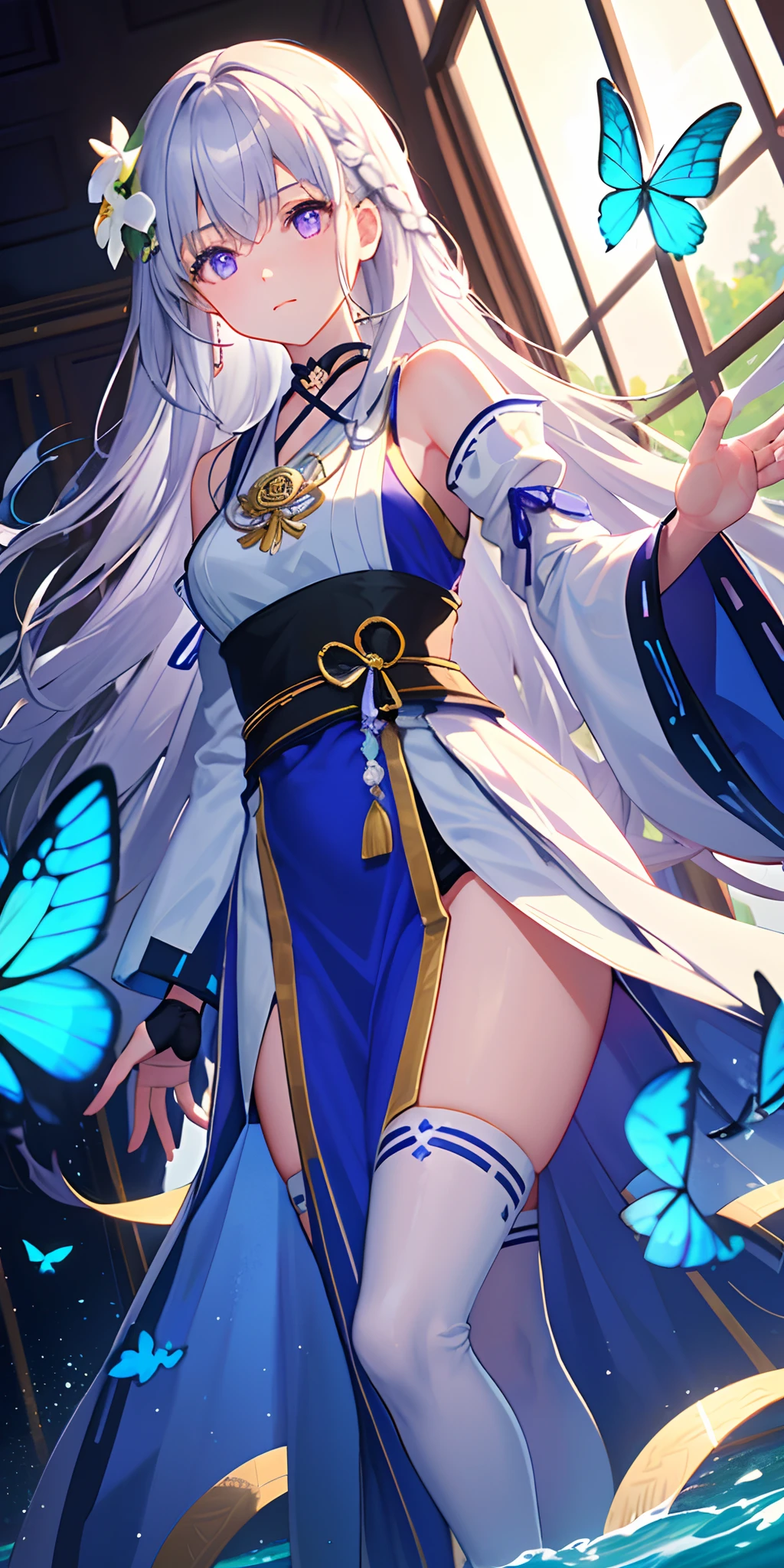 (down view),Dynamic Angle,Ultra-detailed, illustration, Close-up, straight on, 1girll, (fantasy:1.4), ((Purple eyes)),Her eyes shone like dreamy stars,(Glowing eyes:1.233),(Beautiful and detailed eyes:1.1),(Silver hair:1.14),(Messy hair,Very long hair,french braid,hair between eye,side locks), (+(bule hair flower:1.14)),(Chiffon dress,bule flower pattern in uniform)/=(army suit:1.24),(Detached sleeves,Wide sleeves),(Fingerless gloves),choker necklace,(miko thighhighs),high heels boots,(Expressionless,Closed mouth),(standing), (classical Princess boudoir with dressing tableand french windowin a white ancient palaces),(White flowers,full bloom),(abyssal),(Flowing water),(a dull blue world tree:1.14),(废墟),(Night:1.2),Dreamy,soul,(Fluorescence),(flying translucent blue butterflies:1.15), [[Delicate fingers and hands:0.55]::0.85],(Detail fingers),(yubao:0.5),