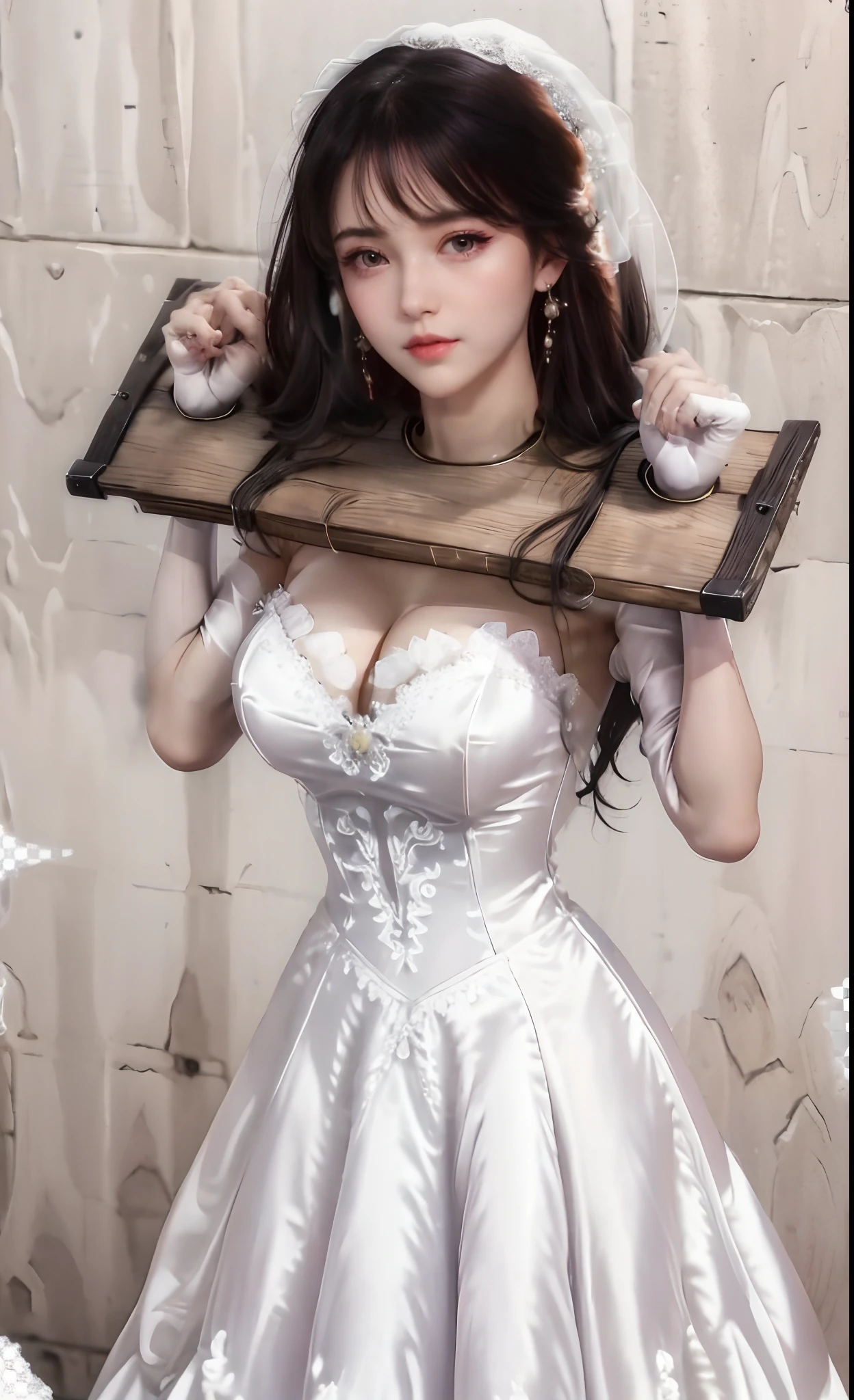 Close-up of a beautiful bride in a beautiful wedding dress, Gurvetz,（ pillory：1.5）, Flail on the head, Flail on the hands, Flail,(Bridal veil: 1.5), (Short transparent veil: 1.5), Flushed face, Head flower, head gear, (Tubular wedding dress: 1.5), (Silk dress: 1.2 ), (Strapless wedding dress: 1.5), Pure white dress, necklace, Earrings, (????????????: 1.3), Deep V heart collar wedding dress, bangs, lipstick, (Lace gloves: 1.3), Full body photo, High detail RAW color art, a white long skirt, Whole body, with hands behind her back, and floor-length skirts,