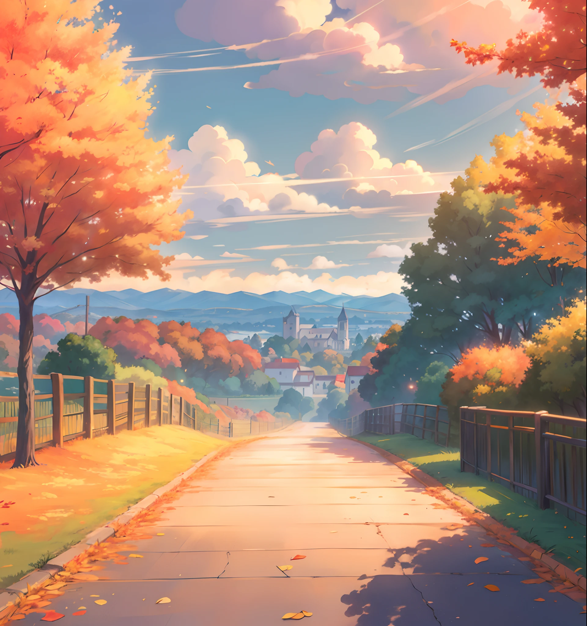 Anime scenery of a road with trees and a fence in the foreground, beautiful anime scenery, papel de parede de paisagem anime, detailed scenery—width 672, Anime Art Wallpaper 8K, arte de fundo do anime, scenery artwork, Anime Art Wallpaper 4K, Anime Art Wallpaper 4K, scenery wallpaper aesthetic, scenery wallpaper, anime scenery, paisagem campestre anime, bela cena de anime