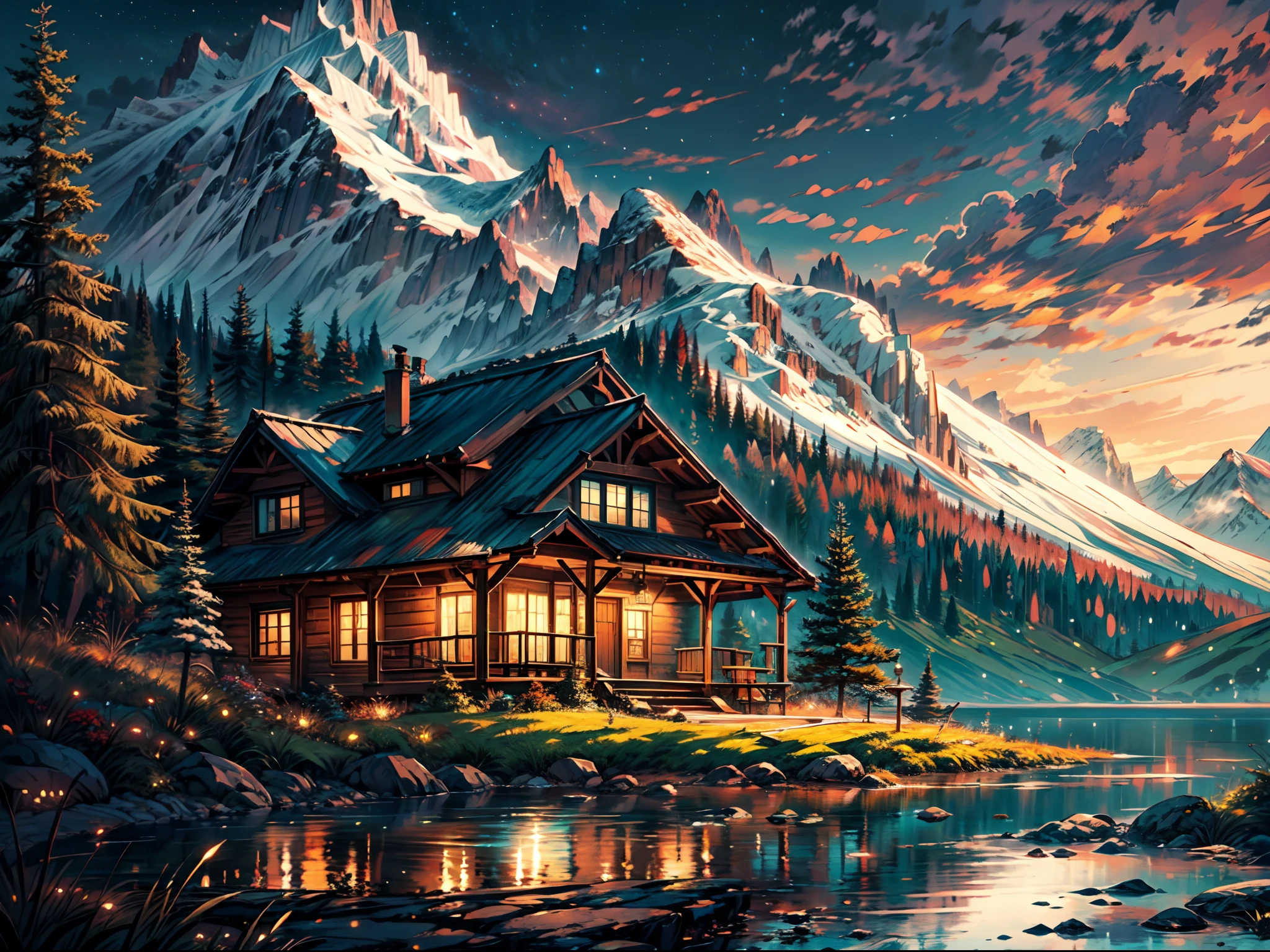 cabin with a massive mountain view,Shinkai Makoto style,beautifully detailed cabin,extremely detailed mountain range,soft lighting,vivid colors,realistic art,aurora borealis in the night sky,reflection of the cabin in a calm lake,warm color palette,highres,ultra detailed,photorealistic,professionally rendered,peaceful atmosphere,tranquil setting,gentle breeze,delicate brush strokes,subtle textures,serene mood,scenic beauty,expansive landscape,deep sense of tranquility,harmonious composition,stunning natural scenery,meticulous attention to detail,mountain peaks covered in snow,ethereal and dreamlike ambiance,wispy clouds floating overhead,majestic and awe-inspiring sight,sublime and breathtaking view,overwhelming sense of grandeur,crisp and clear air,enchanting visual experience,emotional and evocative portrayal,captivating and immersive artwork.