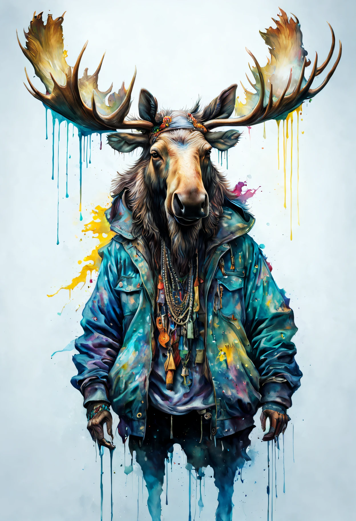 A humanoid Moose in Hip Hop style clothes, fully body, 8k resolution photorealistic masterpiece, intricately detailed fluid painting, by Jean Baptiste Monge, acrylic: colorful watercolor art, cinematic lighting, maximalist photoillustration, 8k resolution concept art intricately detailed, complex, elegant, expansive, fantastical, psychedelic realism, dripping paint,